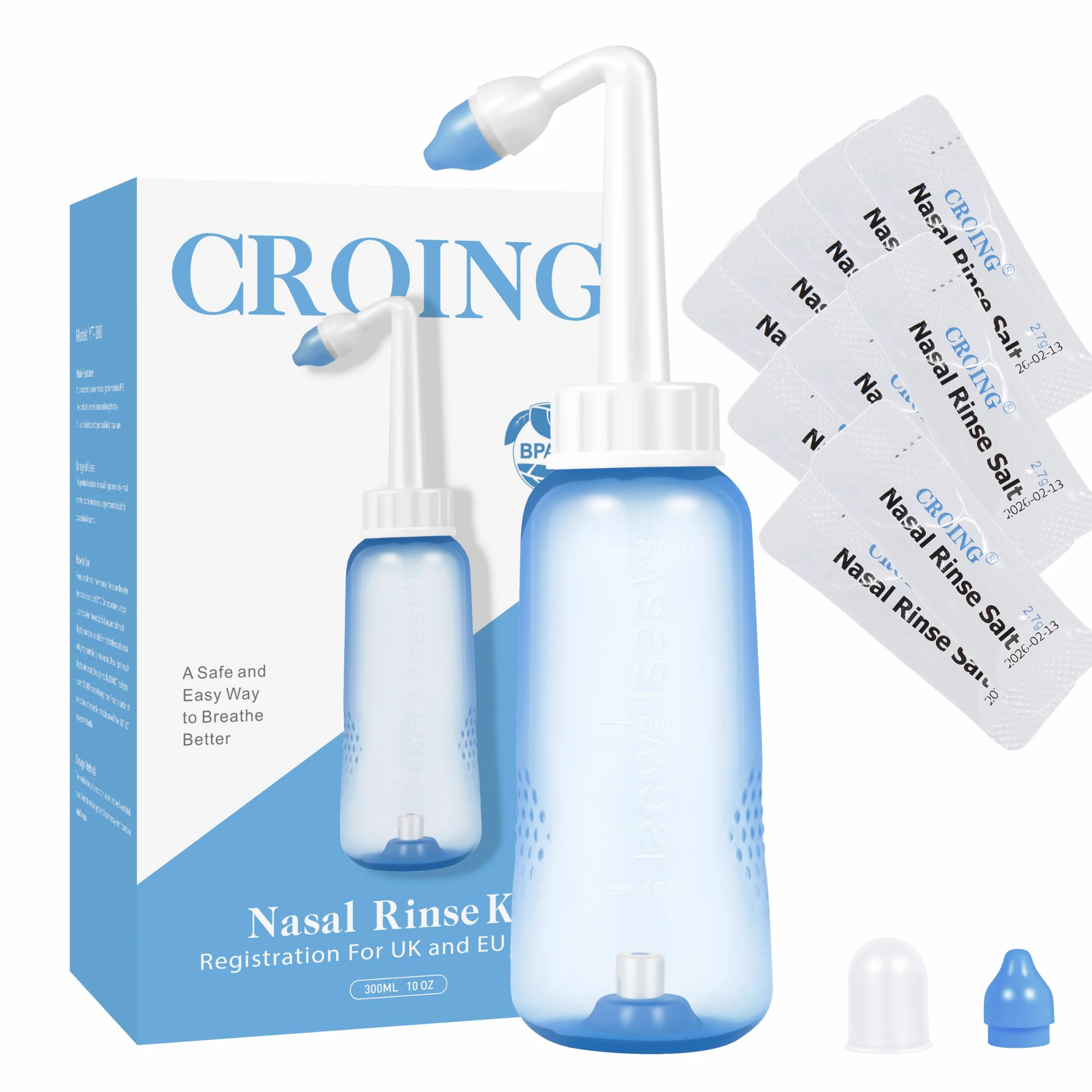 CROING 120 x mieszanka do płukania zatok + 1 x butelka do płukania nosa (300 ml), zestaw saszetek do płukania nosa, sól Neti, nawadnianie nosa, douche do nosa, ulga w zatokach, neti-pot