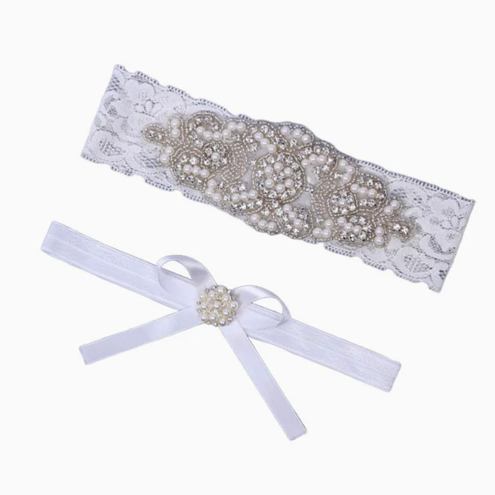 Pas 2 szt. Ślubne podwiązki koronkowe perły elastyczne Rhinestone ślubne pasy do pończoch ozdoby na nogi na ślub panny młodej