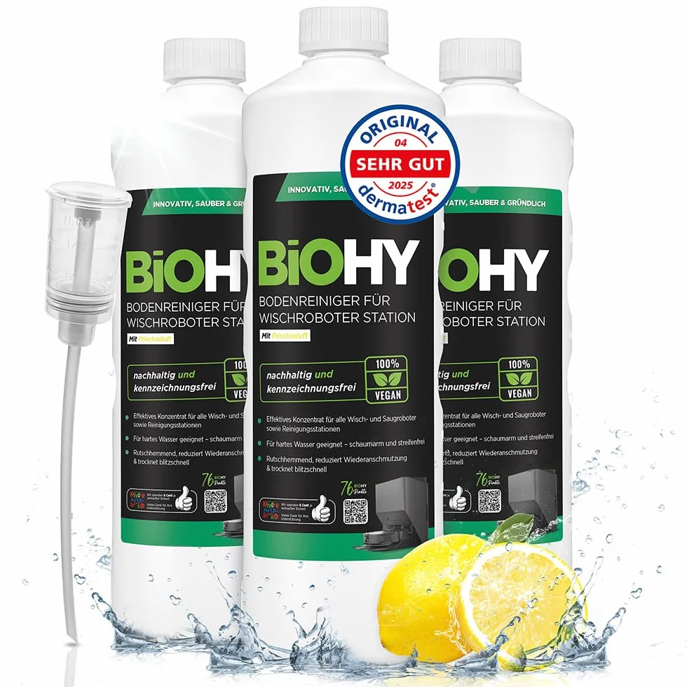 BiOHY Płyn do mycia podłóg do stacji robota sprzątającego z świeżym zapachem (3 x 1 litr) + dozownik | Koncentrat środka czyszczącego do wszystkich robotów sprzątających i wycierających z funkcją