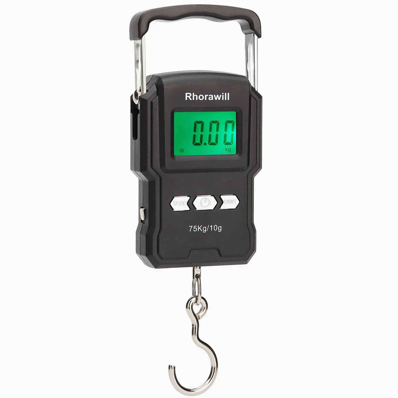 Rhorawill Waga bagażowa 165 lb/75 kg elektroniczna waga wędkarska cyfrowa wisząca waga hakowa podświetlany ekran LCD z miarką linijką, temperatura, 2 baterie AAA do polowania, podróży, kuchni