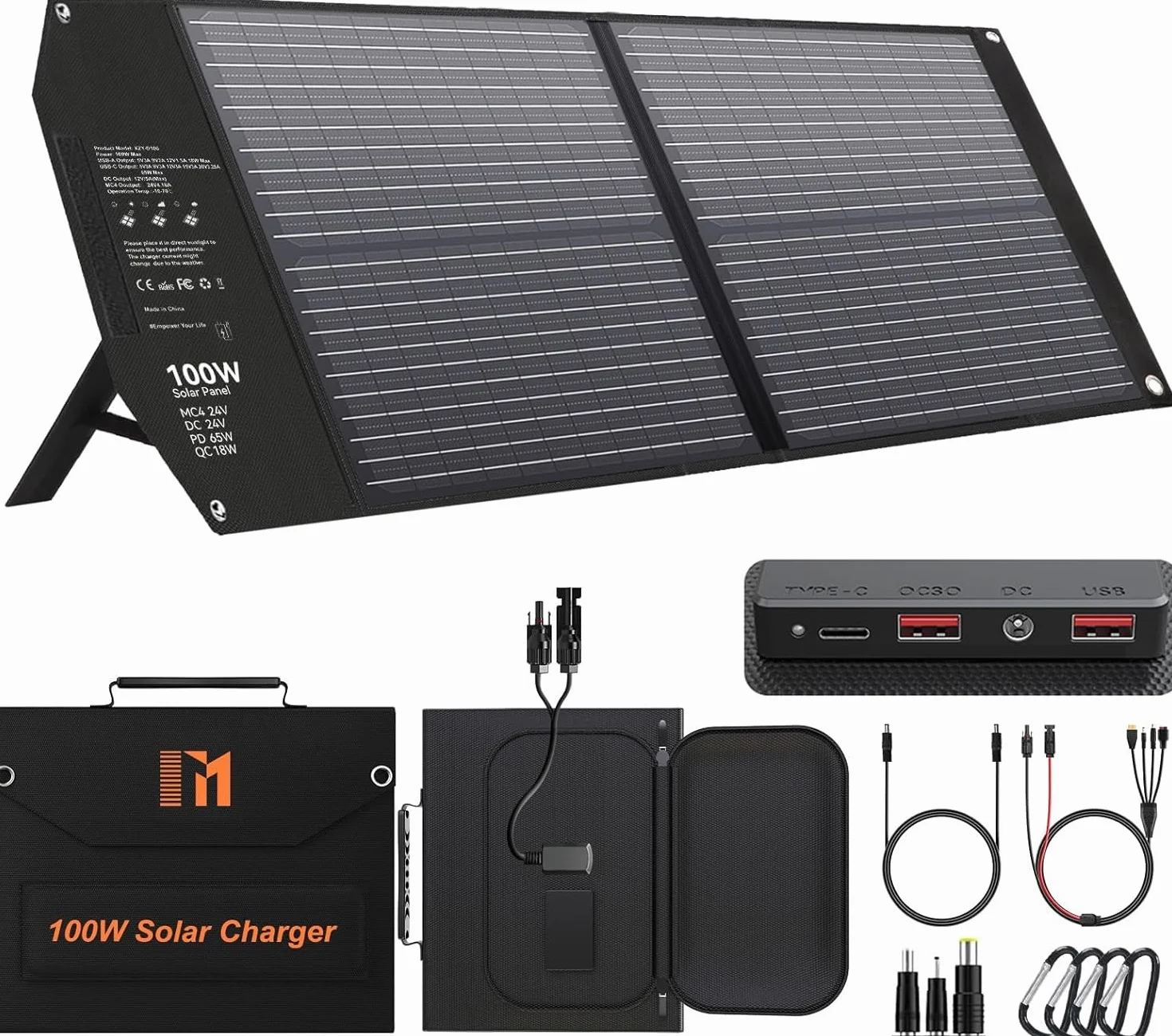 Panel słoneczny 100 W, składany, z 5 przyłączami, 24 V MC4 wyższa moc/24 V DC/QC 3.0 USB-A i USB-C (PD65W) ładowarka solarna