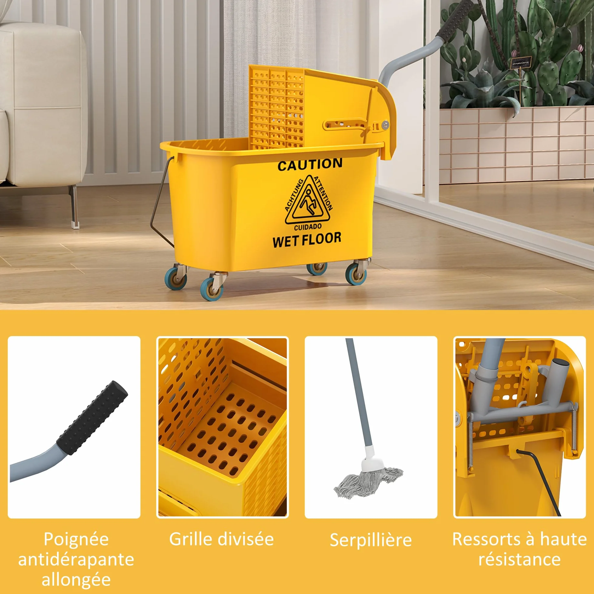 HOMCOM Wózek domowy, profesjonalny wózek do prania, wyciskarka boczna, wiadro 20 l, uchwyt i mop, 45 x 26,5 x 70 cm, żółty