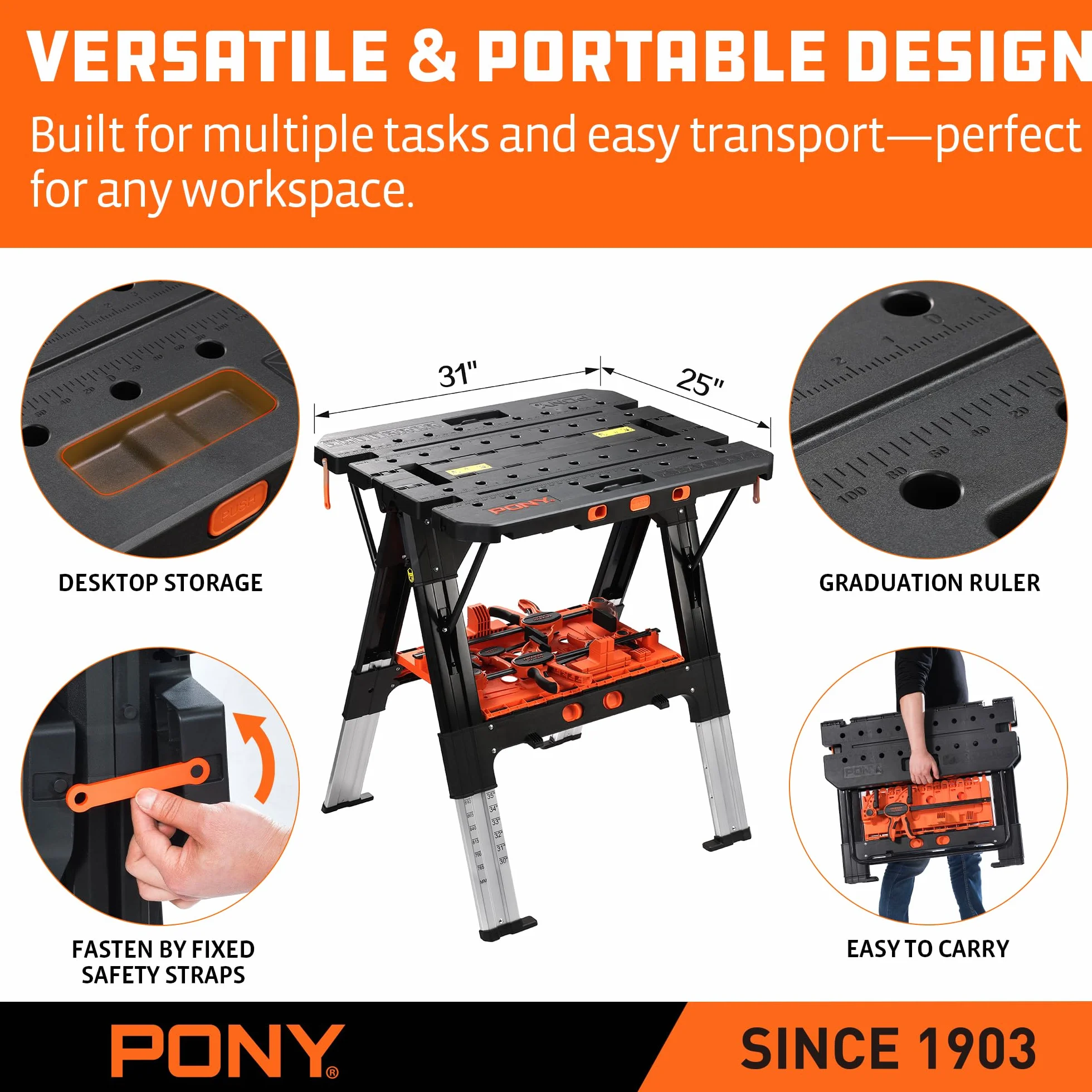 PONY Stół roboczy 2 w 1 z 2 zaciskami spustowymi