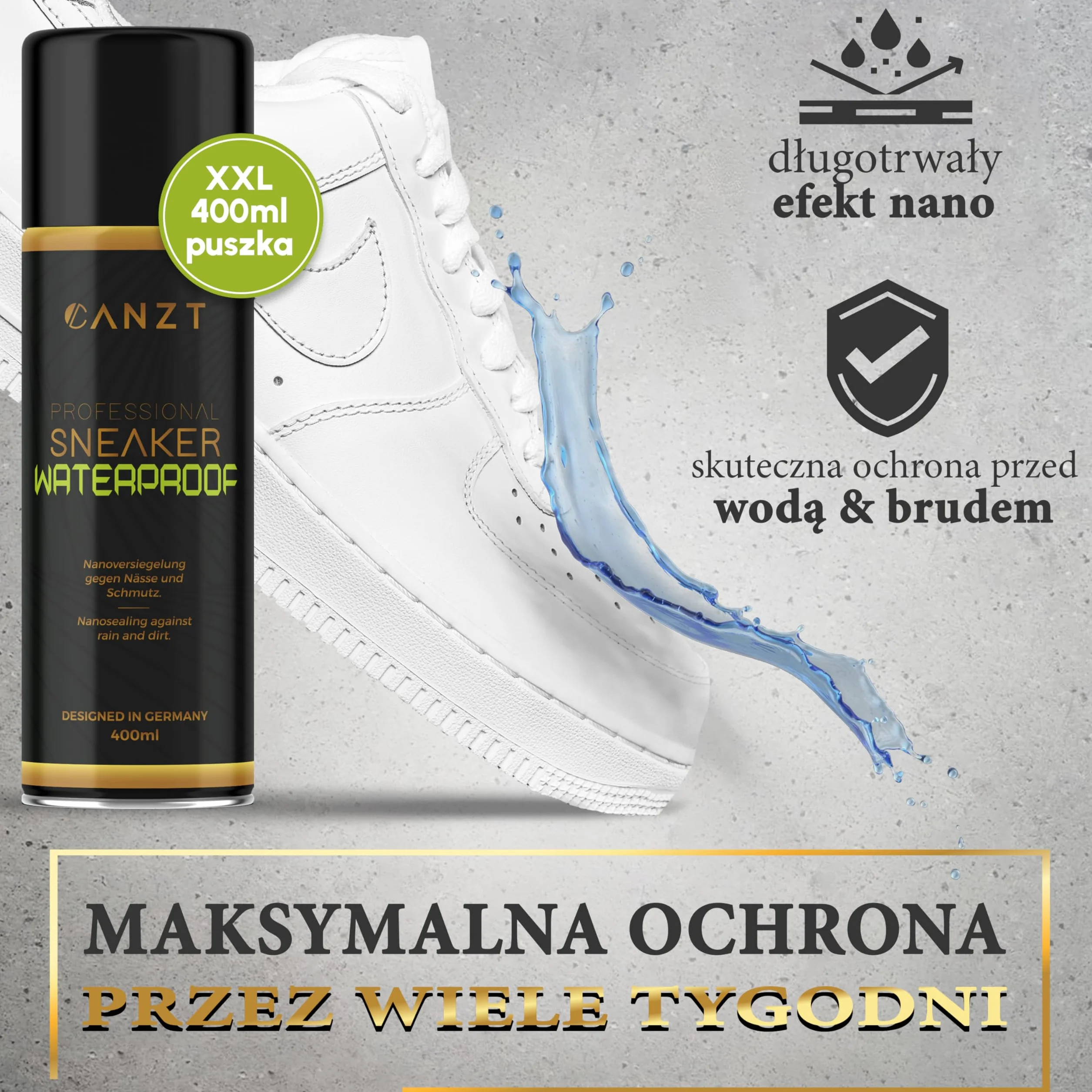 Canzt Impregnat do Butów 400 ml – Spray Ochronny do Skóry, Zamszu, Nubuku i Tkanin – Wodoodporny i Oddychający Preparat do Sneakersów i Obuwia Outdoorowego
