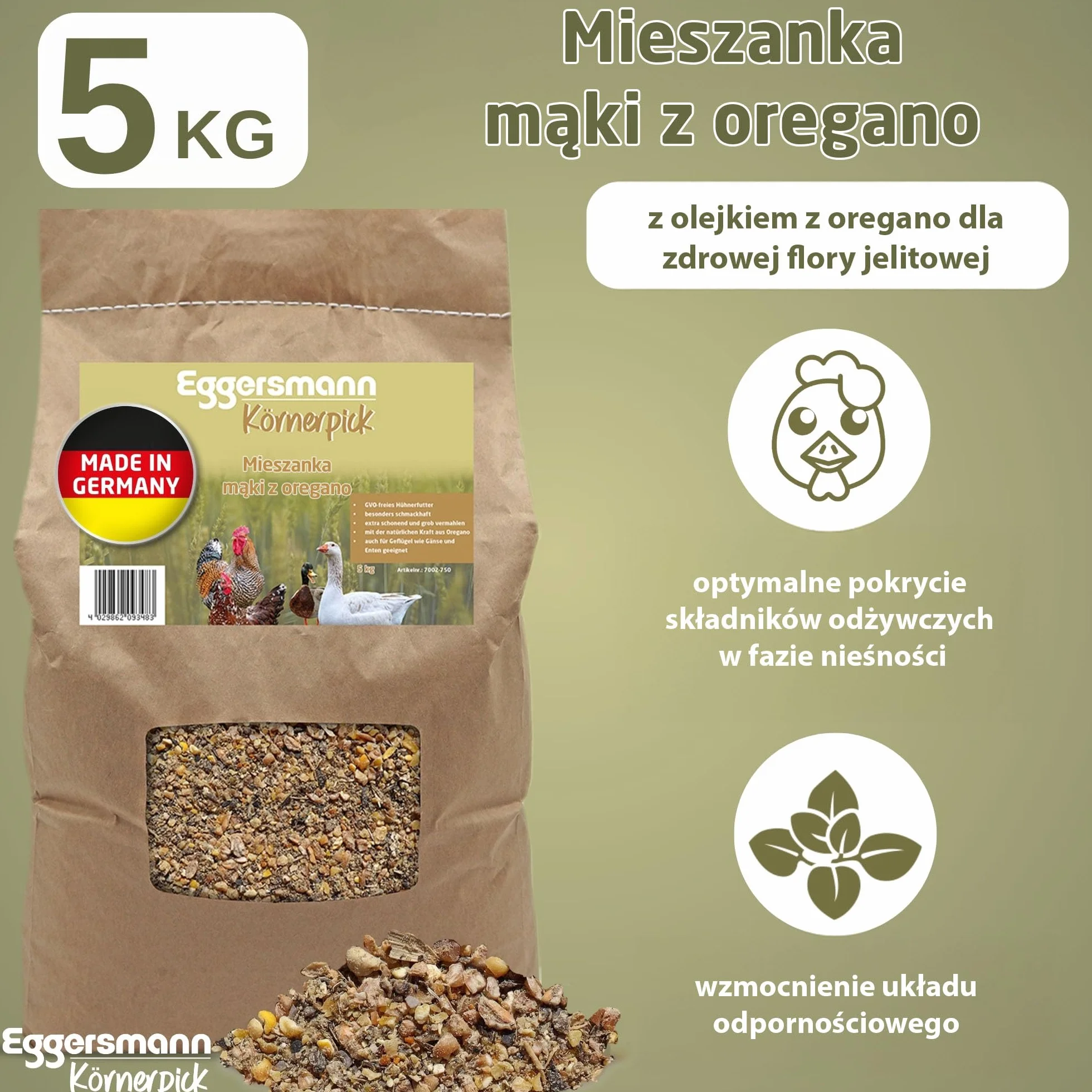 Eggersmann Körnerpick 5 kg karmy dla kur, mieszanka mąki oregano, mączka niosąca o naturalnej sile z oregano, mączka niosąca premium dla kur, gęsi i kaczek (5,00 kg (1 opakowanie))