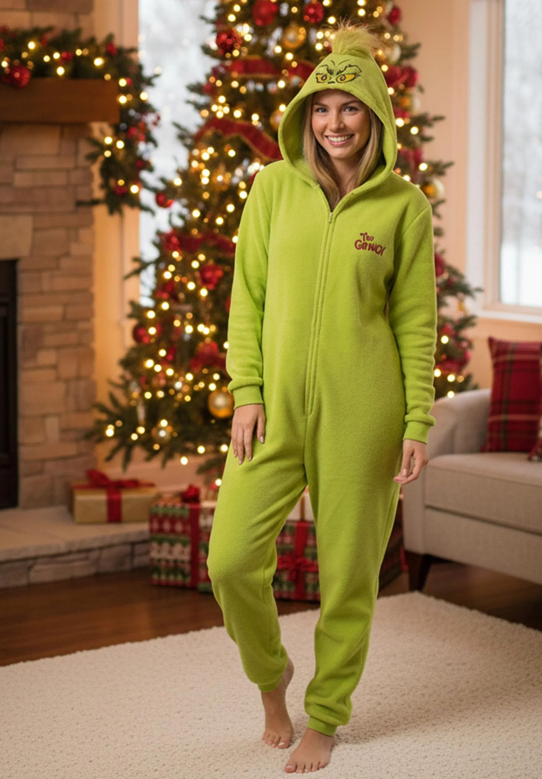 Grinch POLAROWA piżama JEDNOCZĘŚCIOWA zapinana na zamek, damskie CIEPŁE onesie z kapturem