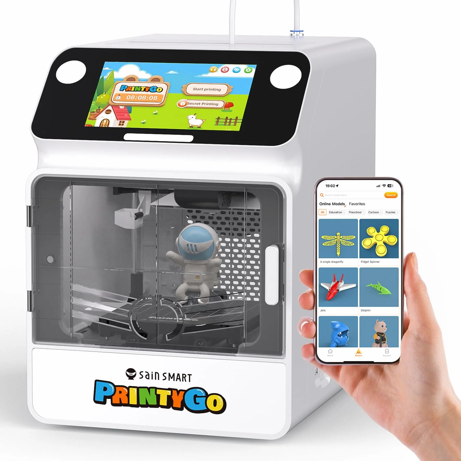 Drukarka 3D PrintyGo Mini dla dzieci, drukarka z automatycznym poziomowaniem 600 mm/s dla początkujących, bezpieczna dla dzieci konstrukcja, sterowanie przez Wi-Fi/aplikację, prezent do nauki STEM