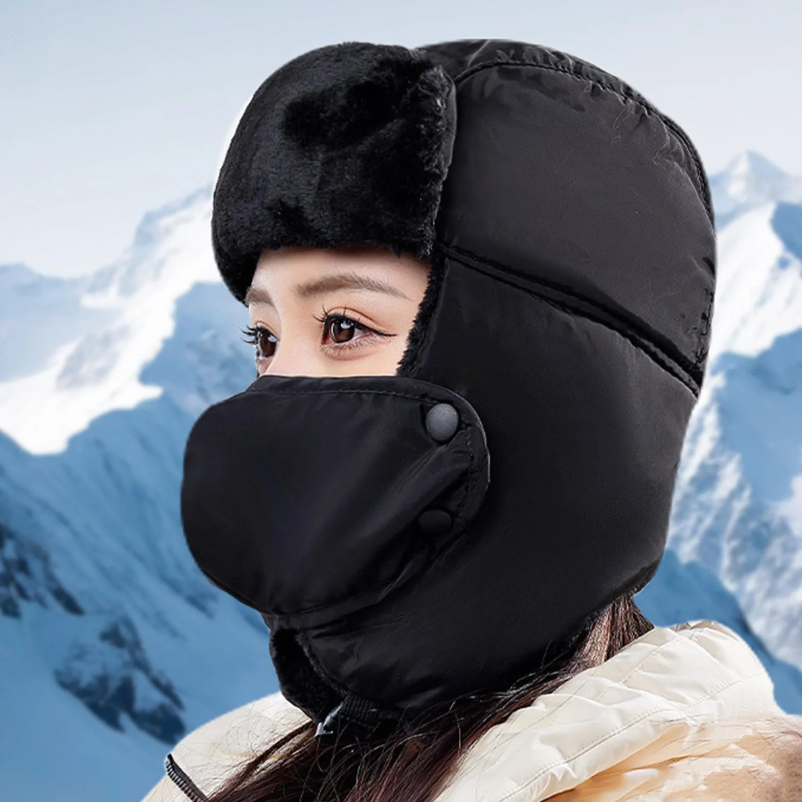 Czapka lotnicza Unisex, Ushanka czapka z nausznikami i odpinaną maską, wiatroszczelna zimowa czapka narciarska, ciepła czapka myśliwska męska kobieta, czarne, rozmiar uniwersalny