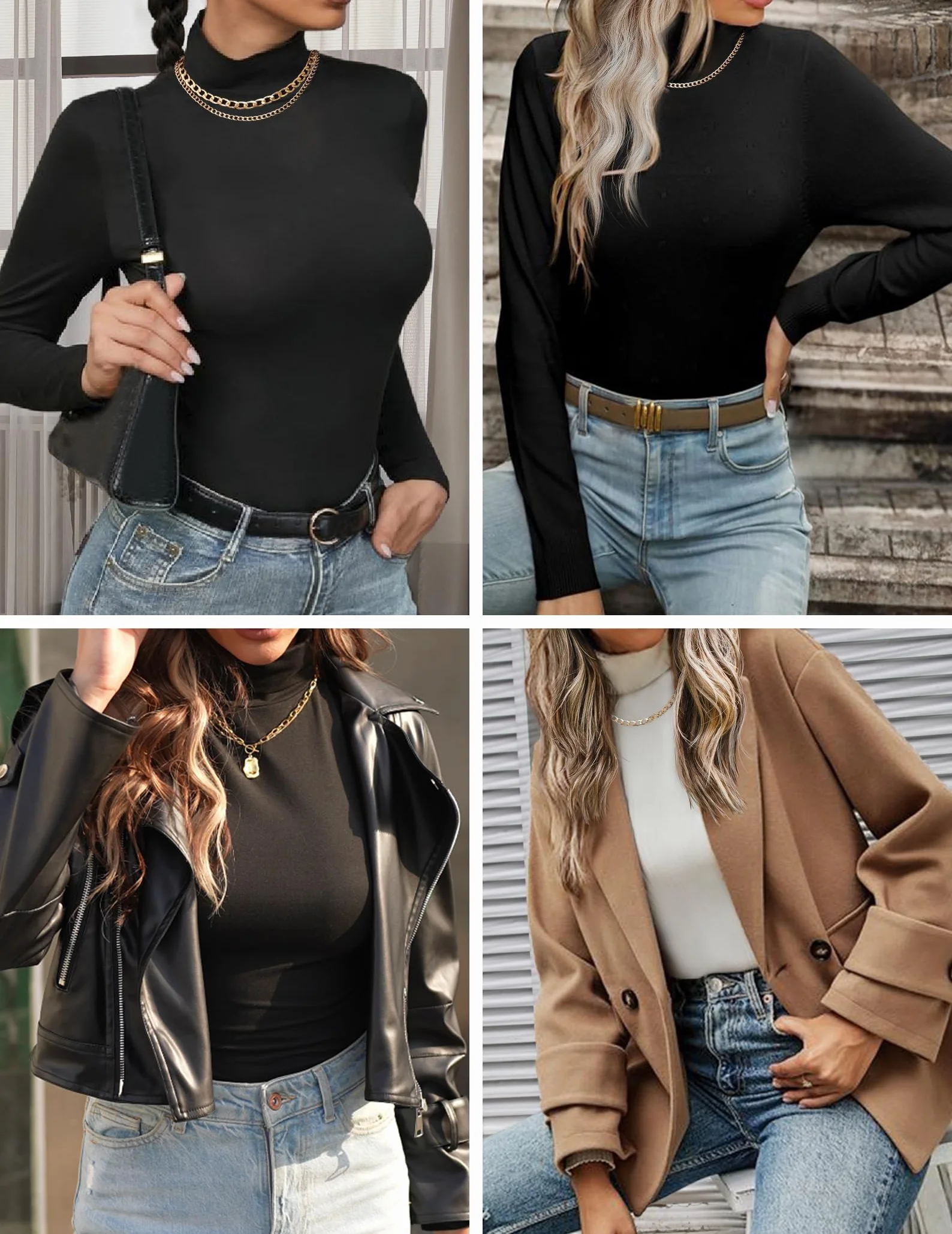 Ekouaer High Neck Top damska koszulka z długim rękawem, zimowa, ciepła koszulka z golfem, krój slim fit, rozmiar S-XXL
