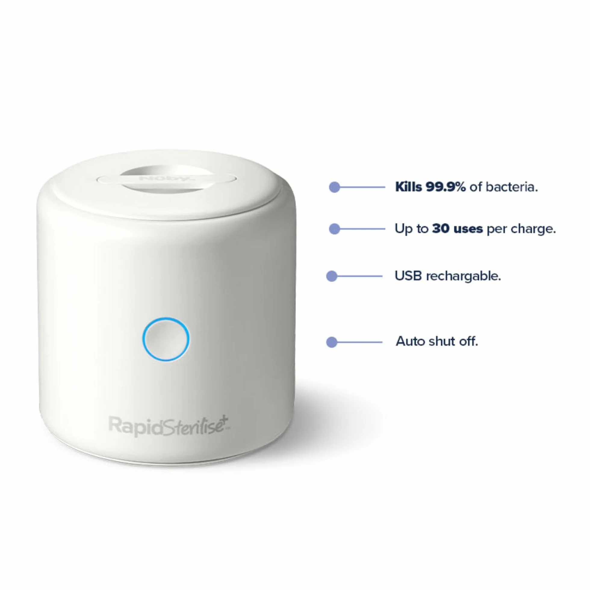 Nuby RapidSterilise+ przenośny sterylizator UV dla niemowląt, stworzony dla RapidBottle i RapidCool - 30 zastosowań na ładowanie, ładowanie przez USB, automatyczne wyłączanie, zabija 99,9% bakterii w