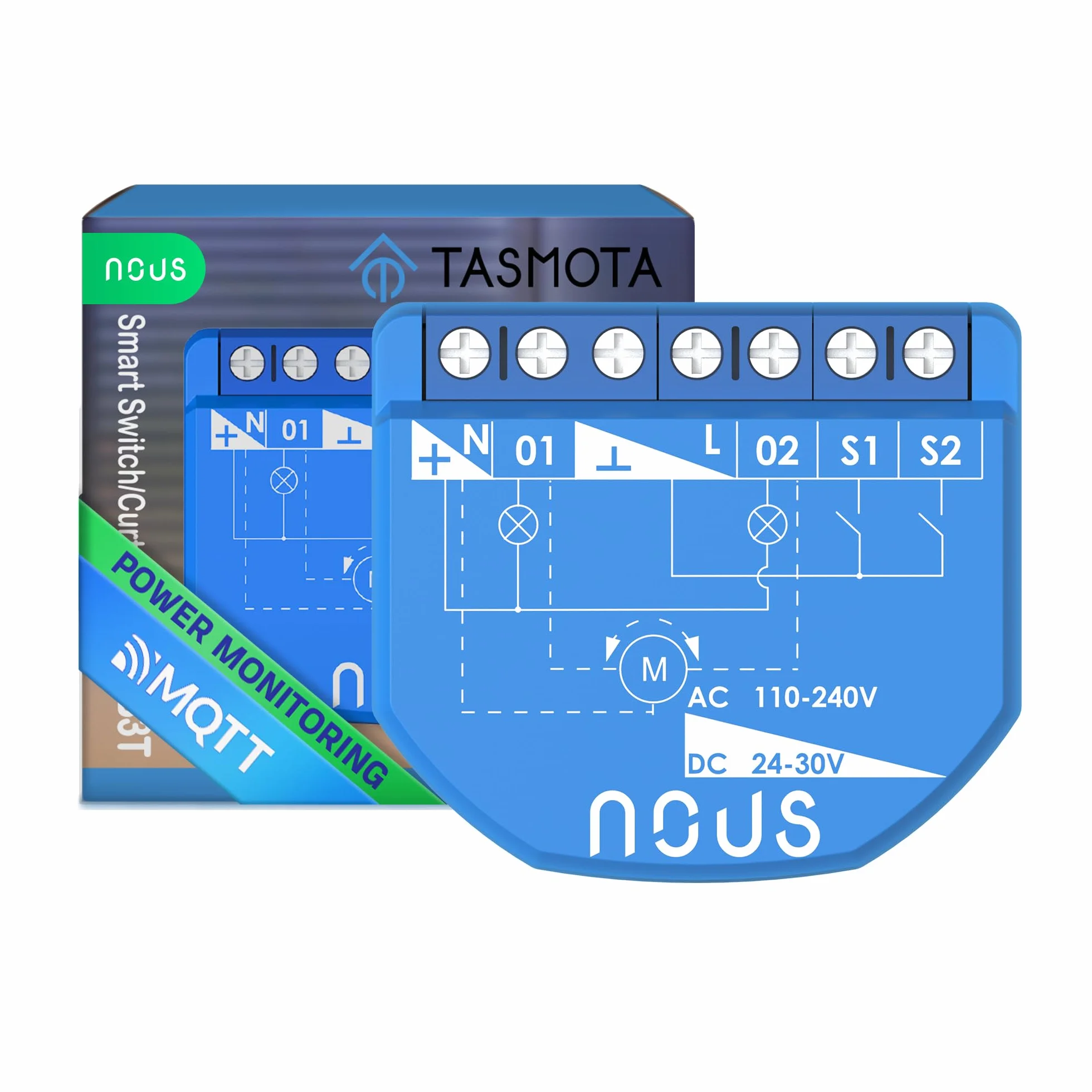 NOUS Moduł przełączający WiFi Tasmota, 16 A, 2 kanały z pomiarem mocy/moduł kurtyny 1 kanał, ESP32, czujnik temperatury, Matter & MQTT, suche styki, kompatybilny z Alexa, Home Assistant, Google Home,