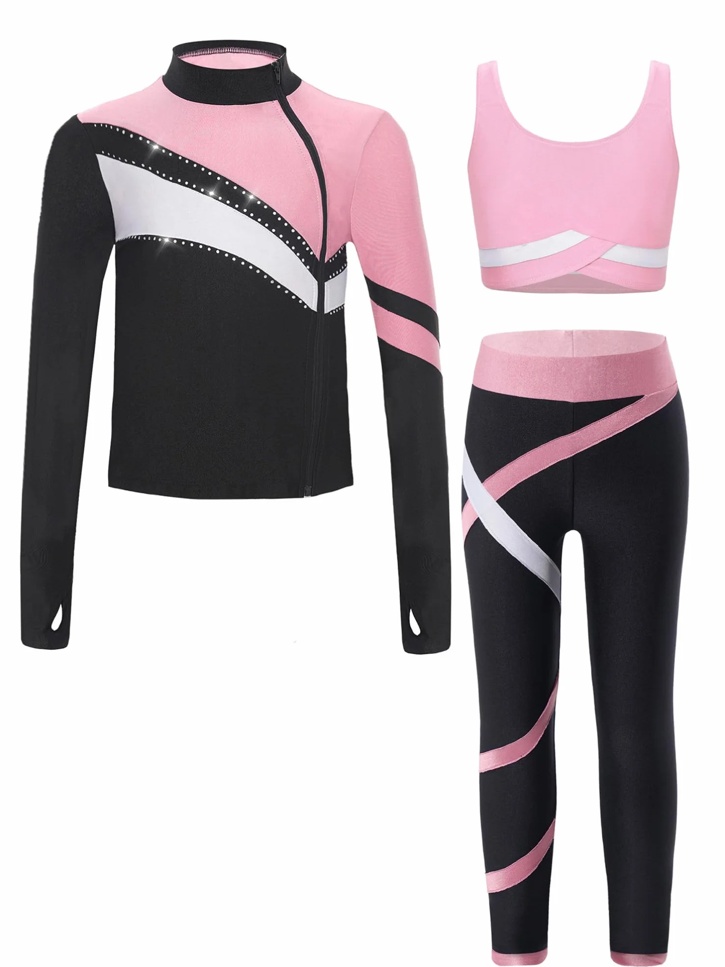 inhzoy Dziewczęcy strój do łyżwiarstwa figurowego zestaw odzieży sportowej z długim rękawem kurtka legginsy i Cropped Tank Top 3-częściowy dziecięcy strój do tańca