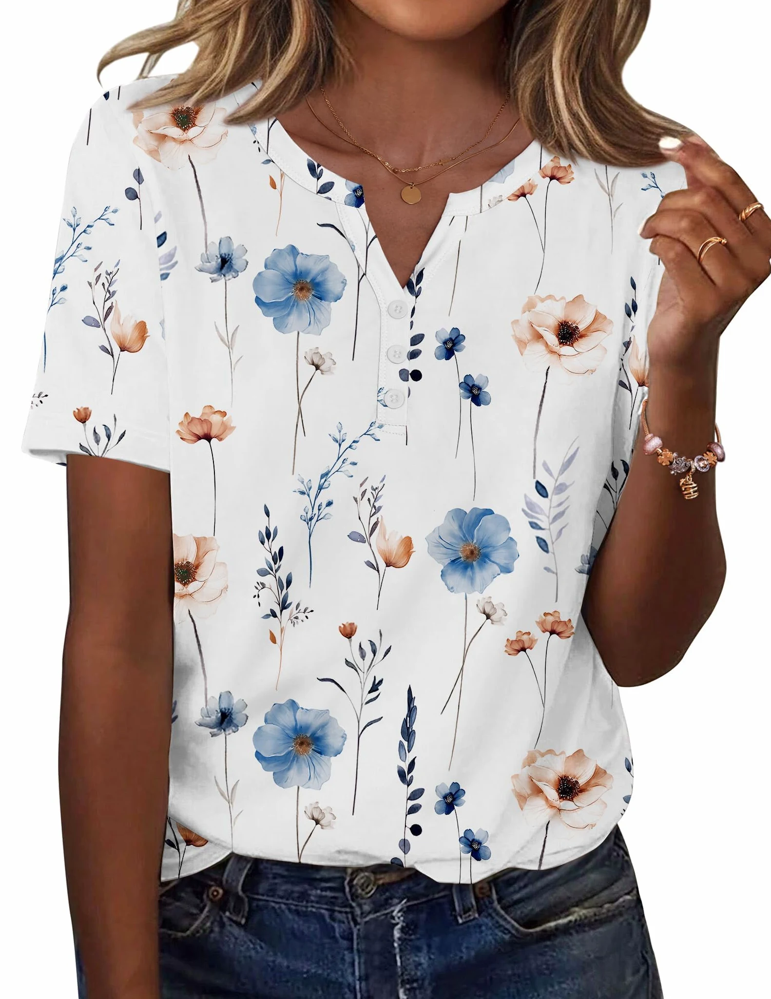 Topy damskie z krótkim rękawem, dekolt w serek, tunika, top z nadrukiem, elegancka luźna koszula z zapięciem na guziki (wielokolorowe, S-XXL)