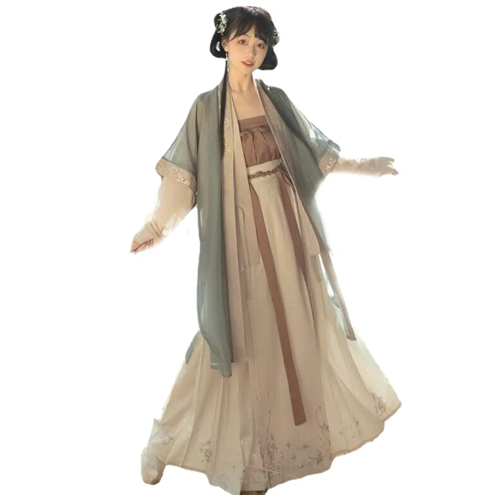 Chińska sukienka Hanfu 4 szt. zestaw herbata zielona płynąca sukienka maxi chińskie starożytne kobiety
