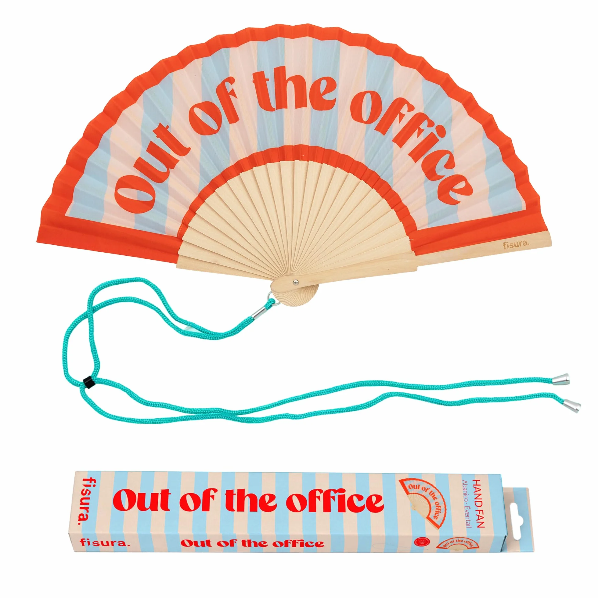Fisura – Wachlarz drewniany z napisem “Out of the office”, wachlarz drewniany nowoczesny kolorowy, niebiesko-czerwony, wachlarz ręczny z zawieszką, zabawny prezent wakacyjny, 42,5 x 23 cm
