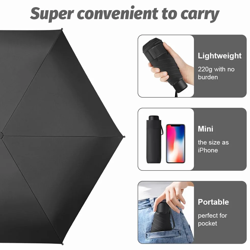 Vicloon Mini parasol,6 żeberek składany parasol podróżny,materiał 210T,słońce i deszcz,wiatroszczelny UV,lekki kompaktowy kieszonkowy