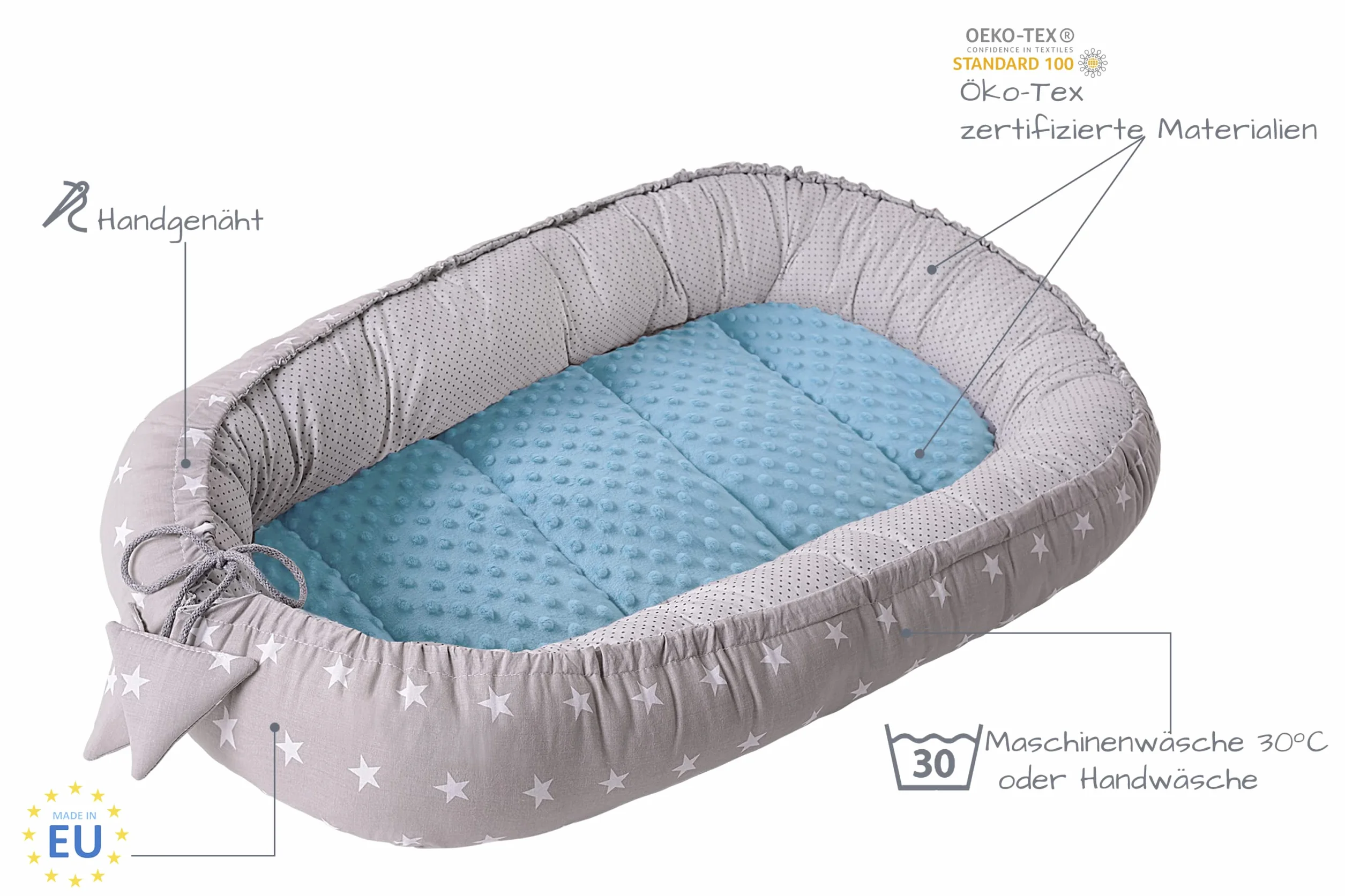 Medi Partners 5el. Kokon Niemowlęcy 100x60x15cm Wyjmowana Wkładka Kocyk Plaska Poduszka Rozek Niemowlecy Lozeczko 100% Bawełna
