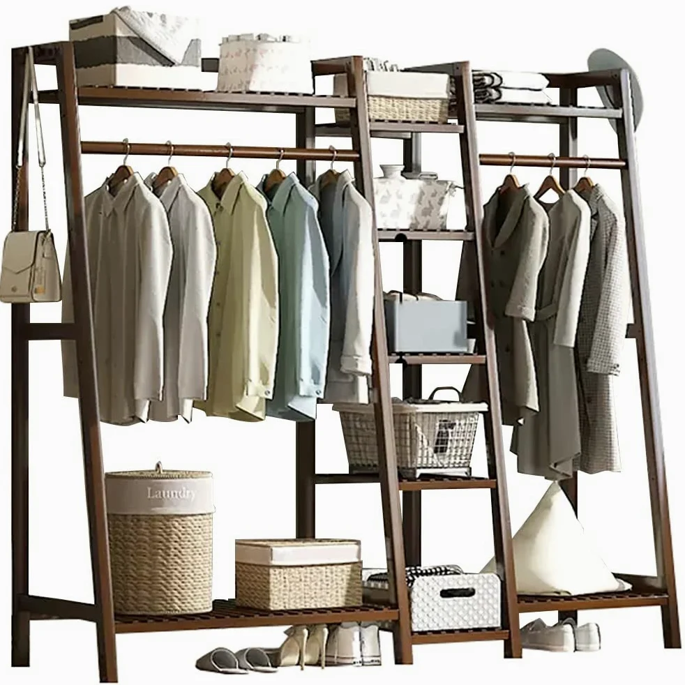 Wolnostojąca garderoba z bambusa z górną półką, drążkiem na ubrania i półką na buty – otwarty organizer do szafy na ubrania do sypialni i przedpokoju – stylowy wieszak na ubrania