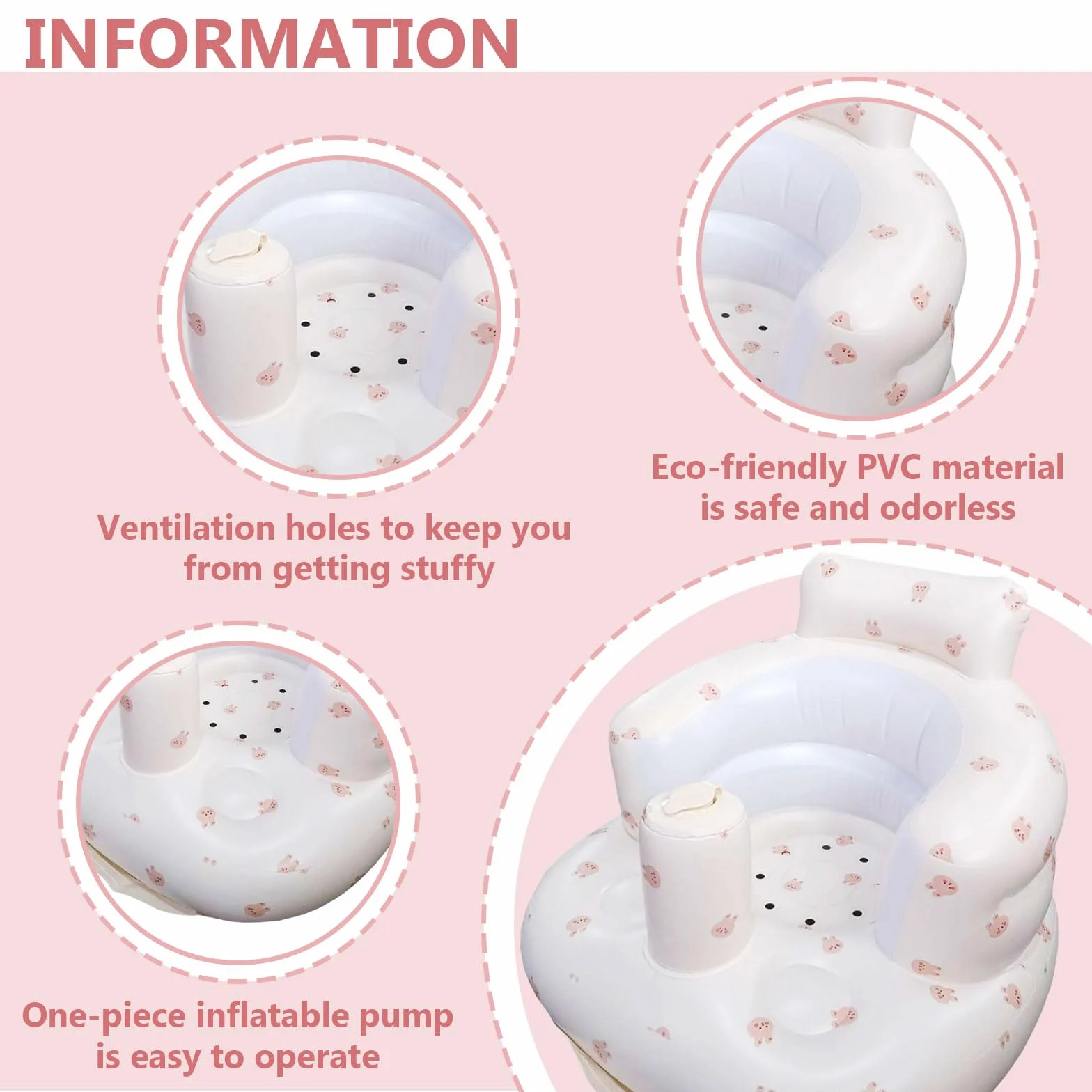 Pomoc do siedzenia dla niemowląt, Nadmuchiwany fotelik dla niemowląt, Inflatable Baby Seat dla niemowląt od 3 miesięcy, Fotelik do kąpieli dla niemowląt, Built-in Air Pump, Anti-Fall Składany