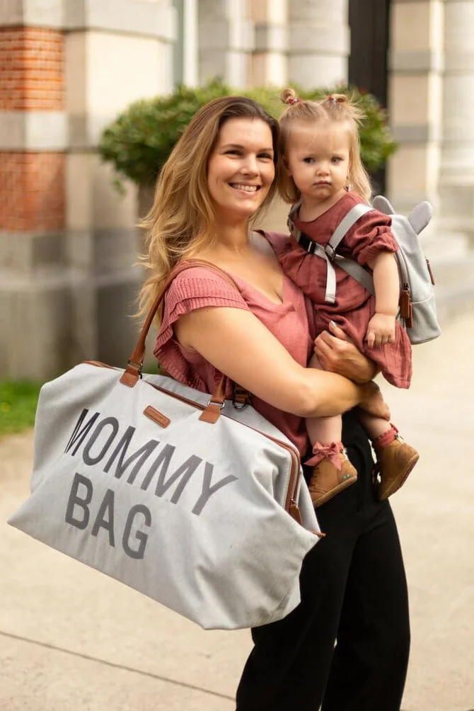 Childhome, Mommy Bag, torba na pieluchy, dla kobiet w ciąży, torba podróżna, duża pojemność, mata do przewijania, regulowany pasek na ramię, izolowana kieszeń, przejście na walizkę, szara koszulka