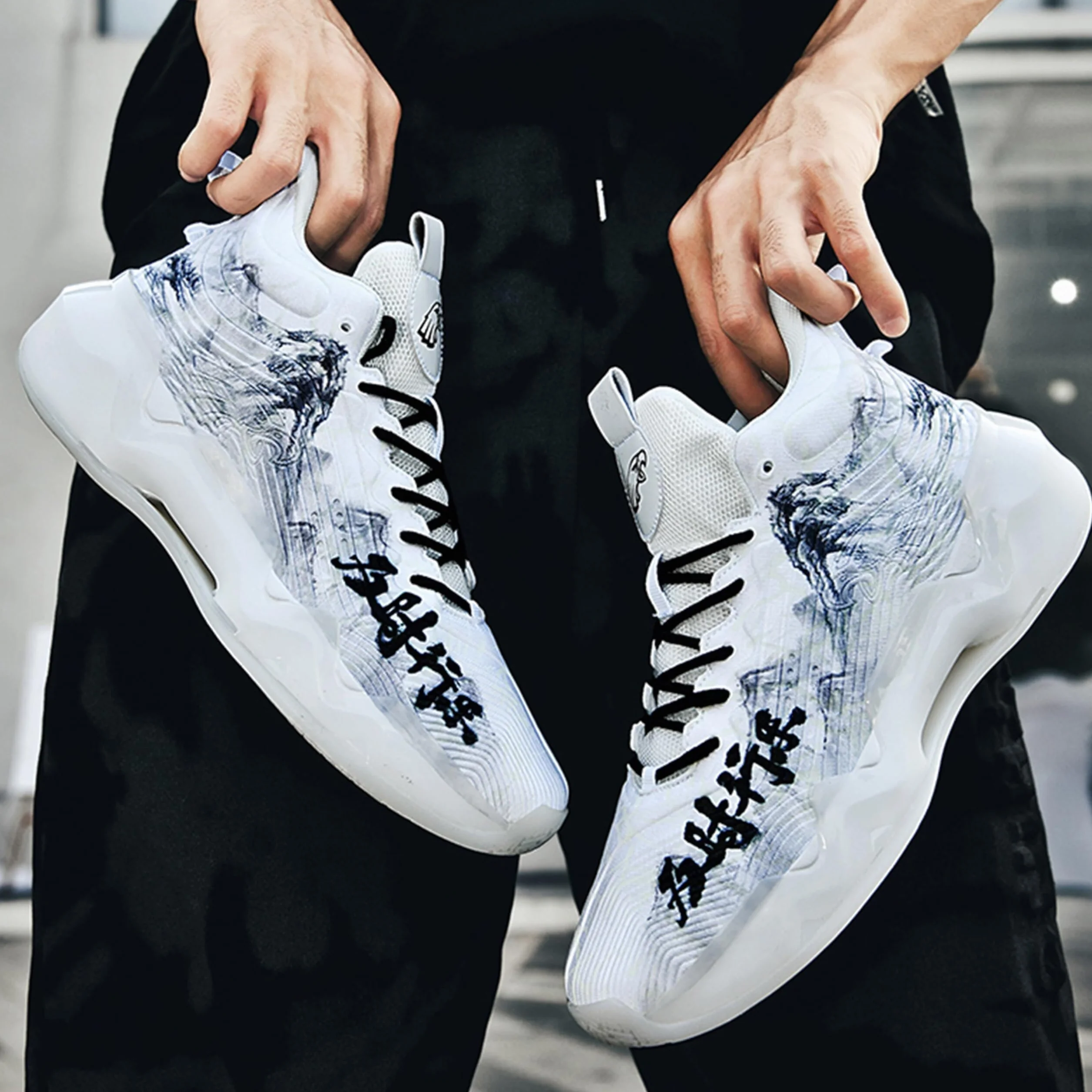 Męskie buty do koszykówki, wysokie, antypoślizgowe, amortyzujące biegania, modne, trwałe treningowe(White,40 EU)