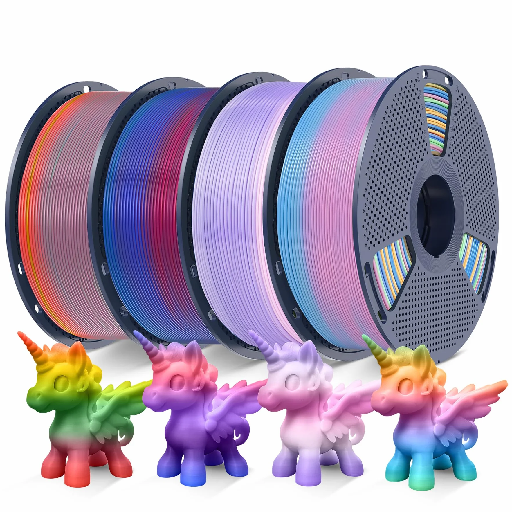SUNLU Rainbow PLA Filament do drukarki, wielokolorowy, czysto nawinięty gradient PLA 3D, filament do drukarki 1,75 mm ± 0,02 mm, waga całkowita 4 kg, 1 kg na szpulę, 4 rolki.