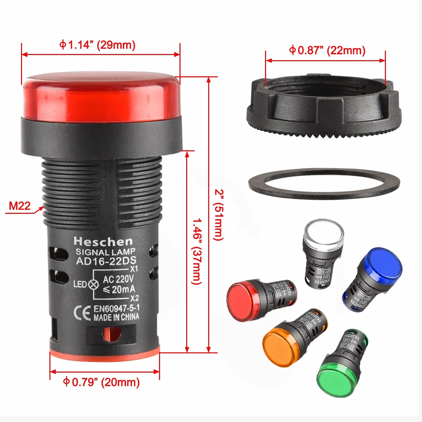 Heschen Wskaźnik LED 22 mm AD16-22D/S 220VAC 20mA czerwony zielony żółty niebieski biały kolor światła 5-pak