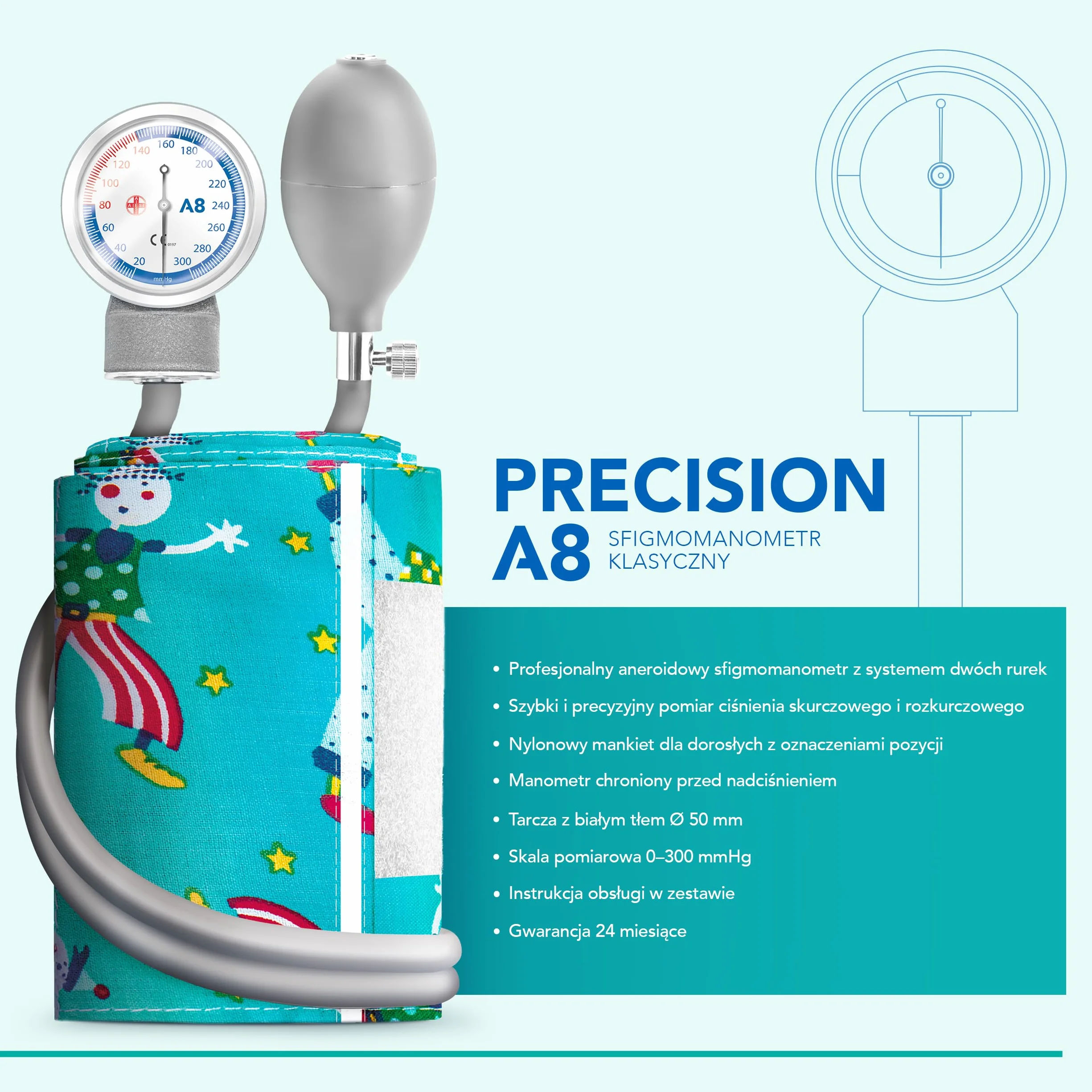 AIESI® Ciśnieniomierz Pediatryczny profesjonalny aneroid klasyczny model z płaskim stetoskopem dla dzieci PRECISION A8, 24 miesiące Gwarancji
