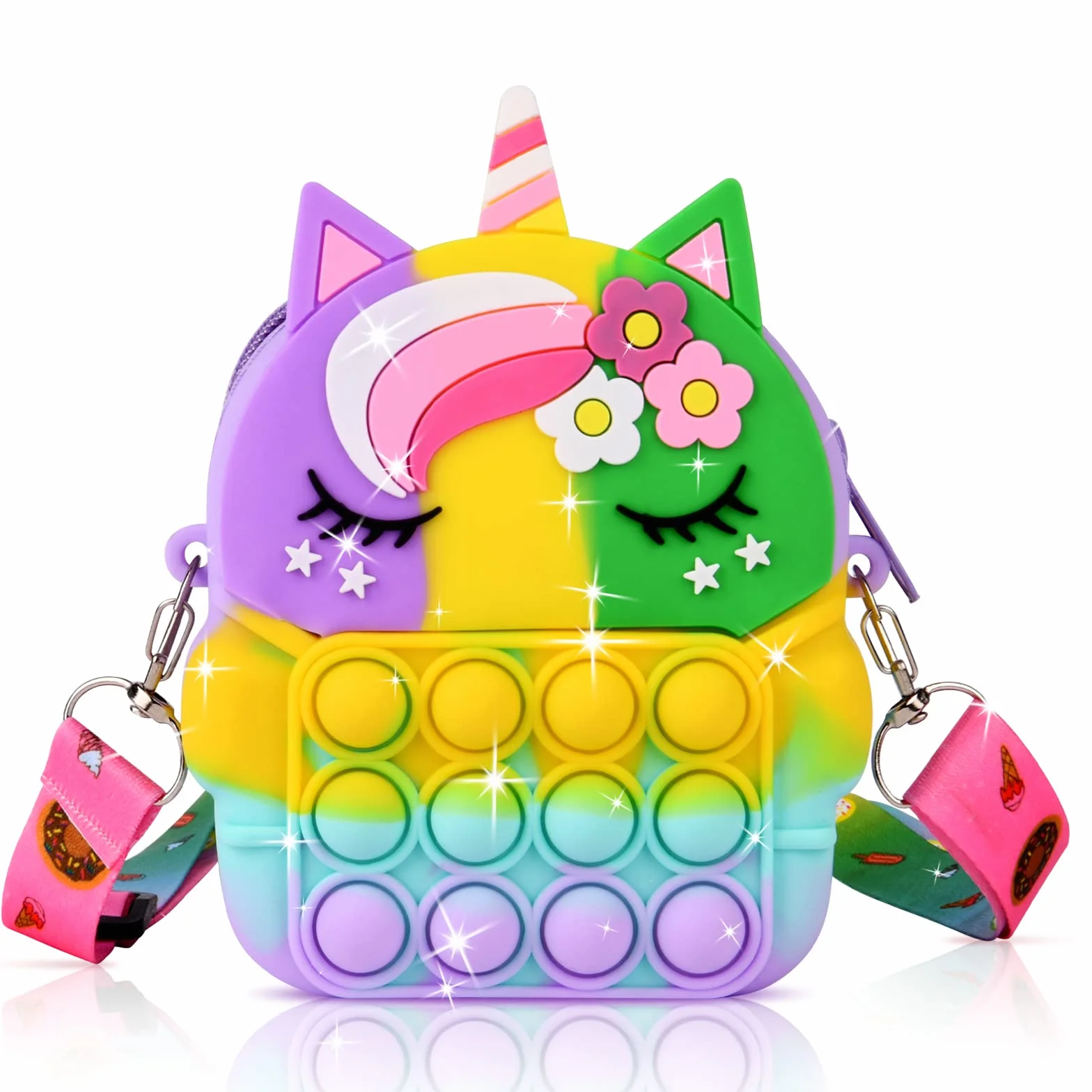 Ainiv Pop Push It dla dziecka, 2 w 1, Fidget Toys, torba na ramię z regulowanym paskiem, z motywem jednorożca, zabawka antystresowa