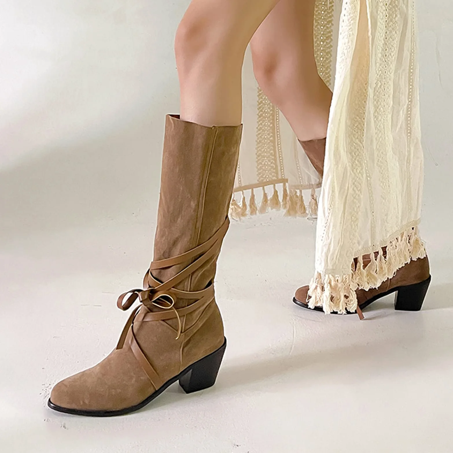 CUTEHEELS Damskie buty w stylu vintage, wsuwane na kolanach, wysokie i średnie łydki, z obcasami blokowymi i spiczastym noskiem, morela, 41 EU