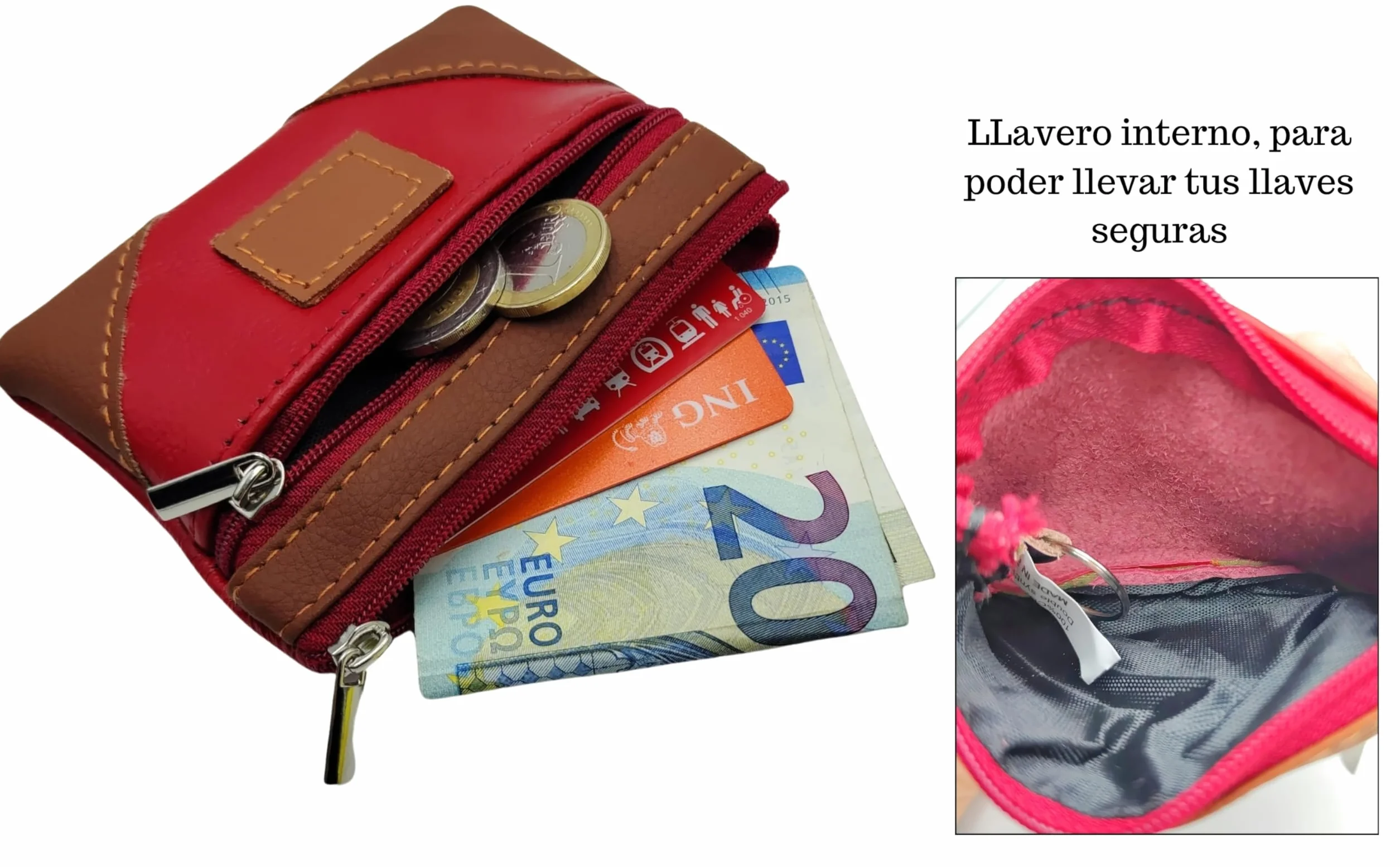 2 szt. Portfele męskie. Jeden w kolorze i jeden w kolorze czarnym. Z wewnętrznym brelokiem w obu portfelach na karty, monety, klucze itp., Czerwone, M, nowoczesny