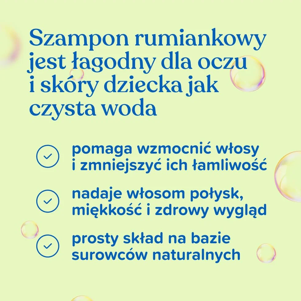 Johnson's szampon rumiankowy 500 ml, Szampon rumiankowy delikatnie oczyszcza włosy i skórę głowy. Sprawia, że włosy są lekkie, miękkie i wyglądają zdrowo.