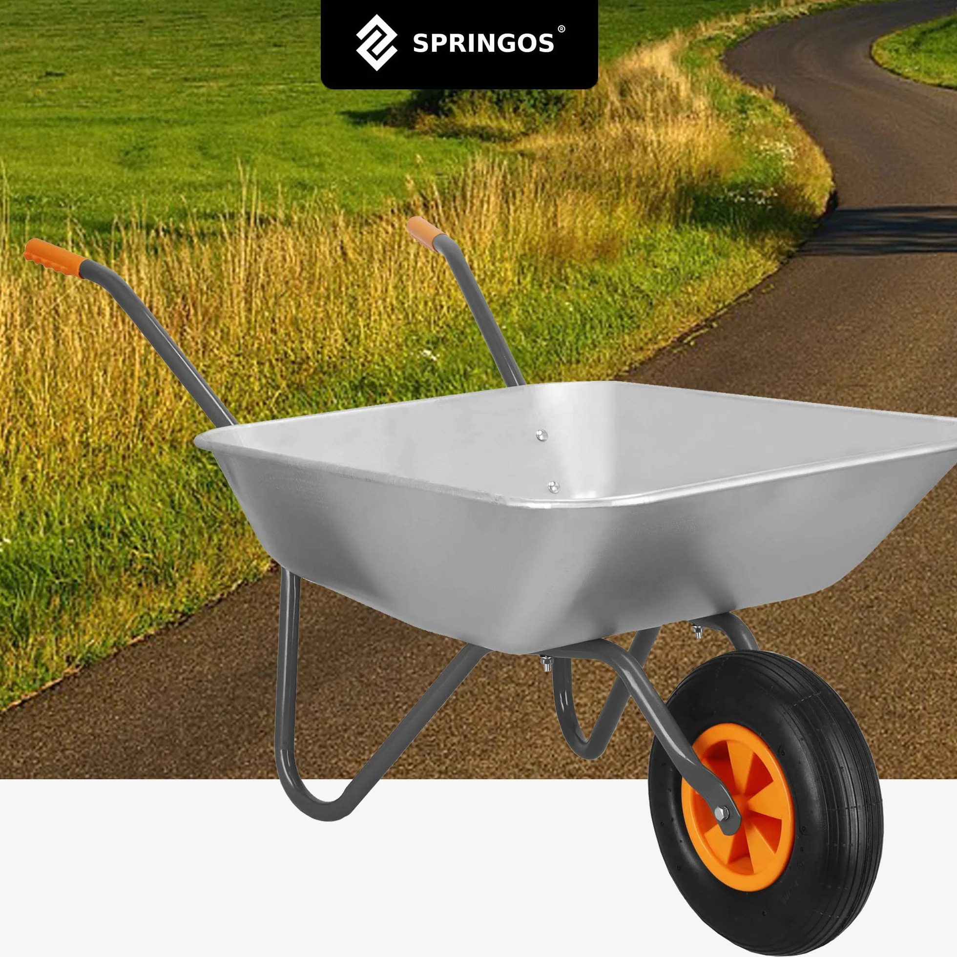 SPRINGOS Taczka ogrodowa 65 litrów ocynkowana taczka jednokołowa, srebro