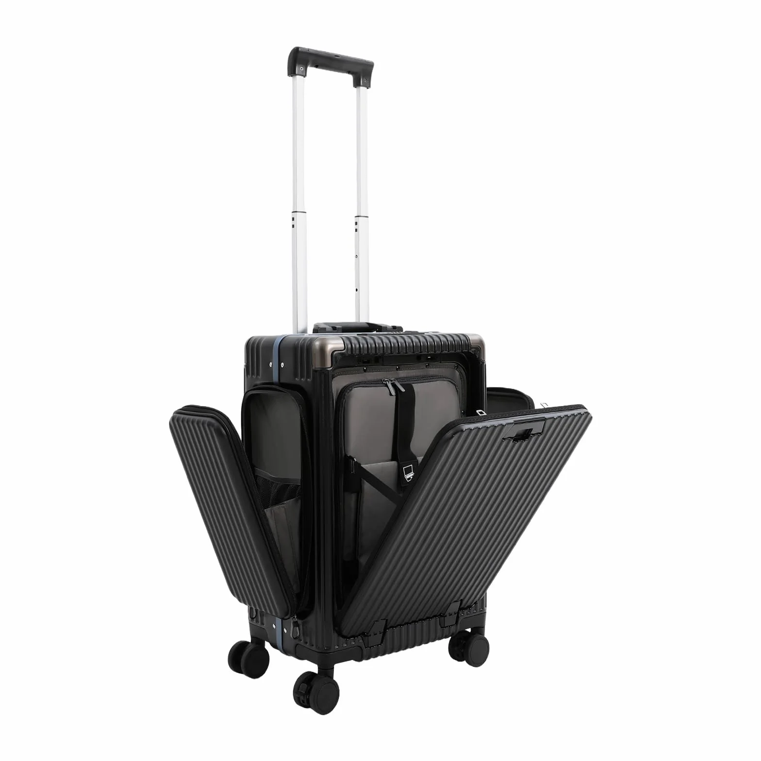 Wielofunkcyjna walizka podróżna na kółkach, trzy otwory, z uchwytem na napoje, zamkiem szyfrowym, portami USB i typu C, nośność ok. 75 kg, czarny, 20 Zoll, Nowoczesny