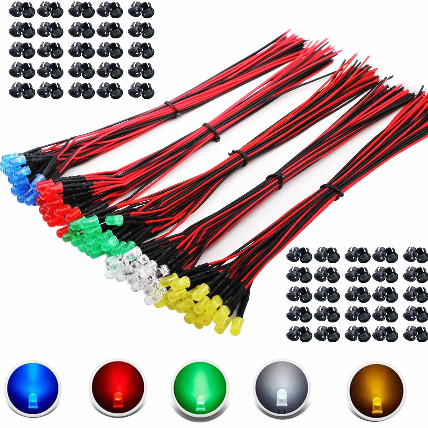 RUNCCI-YUN 100 szt. 5 mm diody LED 3V-9V-12V, diody LED z kablem 12V, oświetlenie modelu kolejowego h0, RC modelowanie, diody LED światło + 100 szt. 5 mm plastikowe pierścienie montażowe LED (czerwone