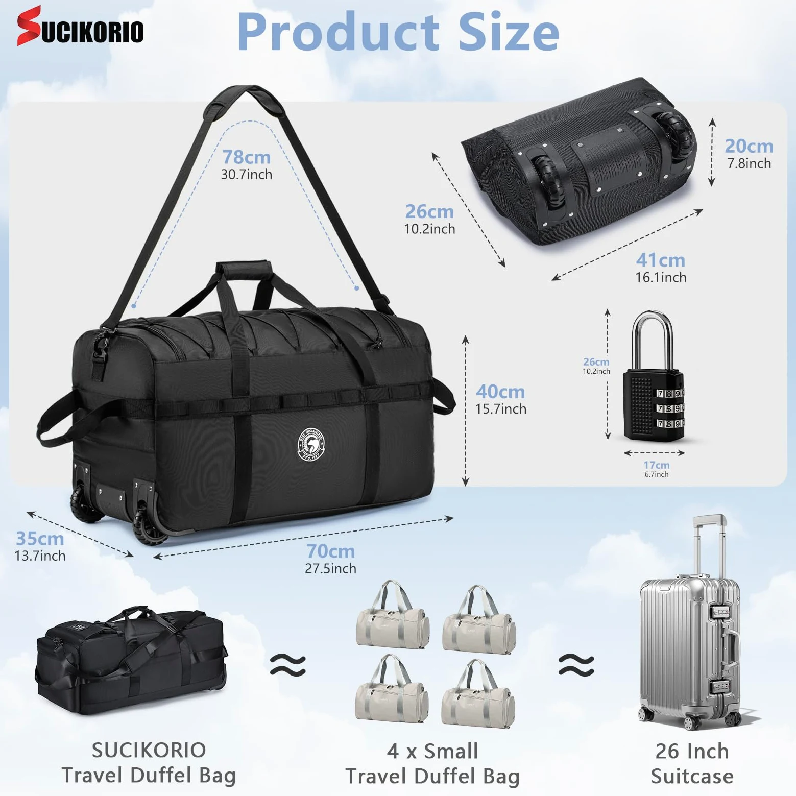 Torba Podróżna na Kółkach Duża 100L Składana Torba Podręczna z Zamkiem Szyfrowym 3-cyfrowym 70x35x40cm Wodoodporna 2 Rolls XL Walizka Weekendowa z Uchwytami Do Przenoszenia Dla Unisex
