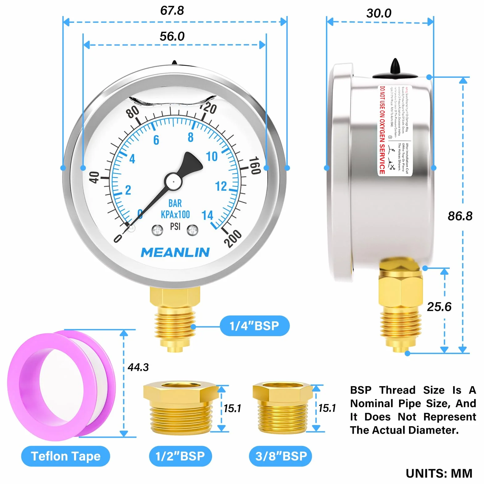 MEANLIN MEASURE 0~14 BAR/0~200 PSI manometr napełniony płynem, stal nierdzewna 1/4" BSP 2,5" FACE DIAL, WOG część dolna, z gniazdem sześciokątnym 1/4"x 1/2" BSP i 1/4"x 3/8" BSP