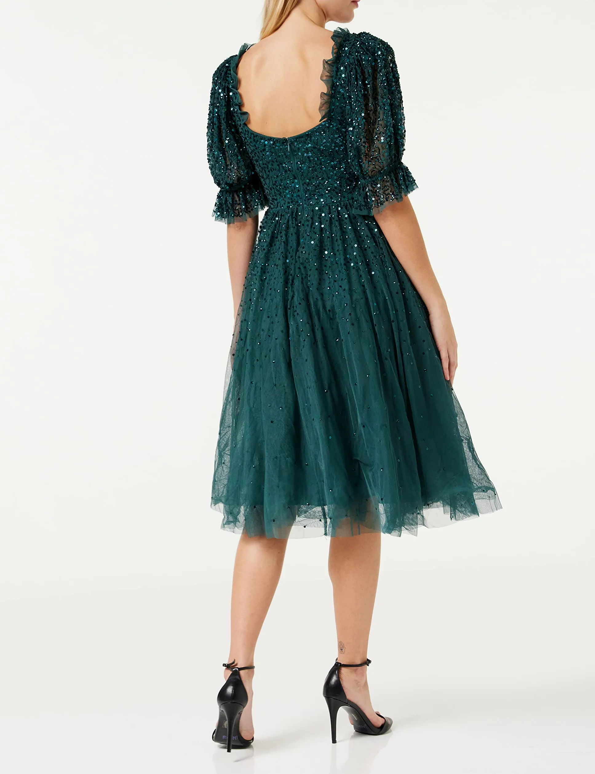 Maya Deluxe Damska sukienka damska midi sequin Embellished Frilly Sweetheart Neckline Puffed Sleeves For Wedding Guest Prom Evening Dress Women, Zielona, 46