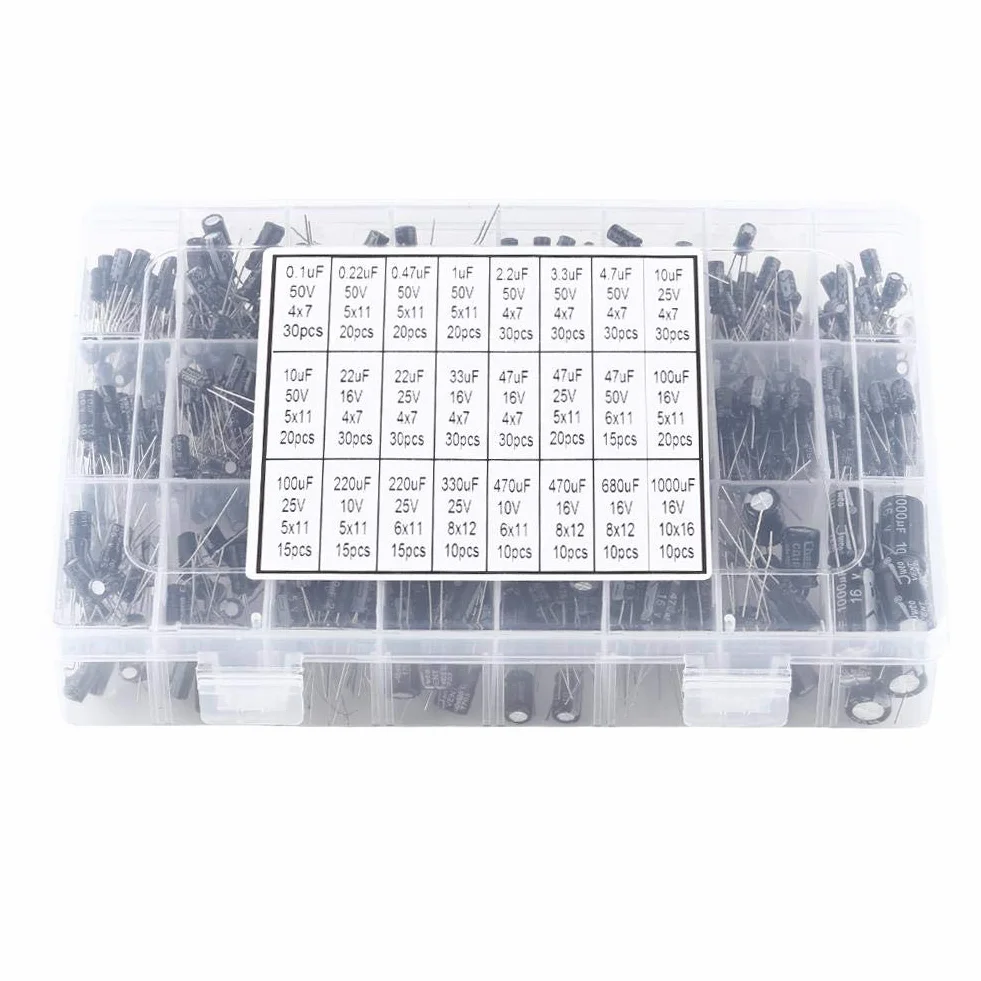 Kondensator, elektrolytkondensator 500 stycken 24 värden 10V ~ 50V aluminium elektrolytkondensator sortiment lådesats 0.1UF till 1000UF
