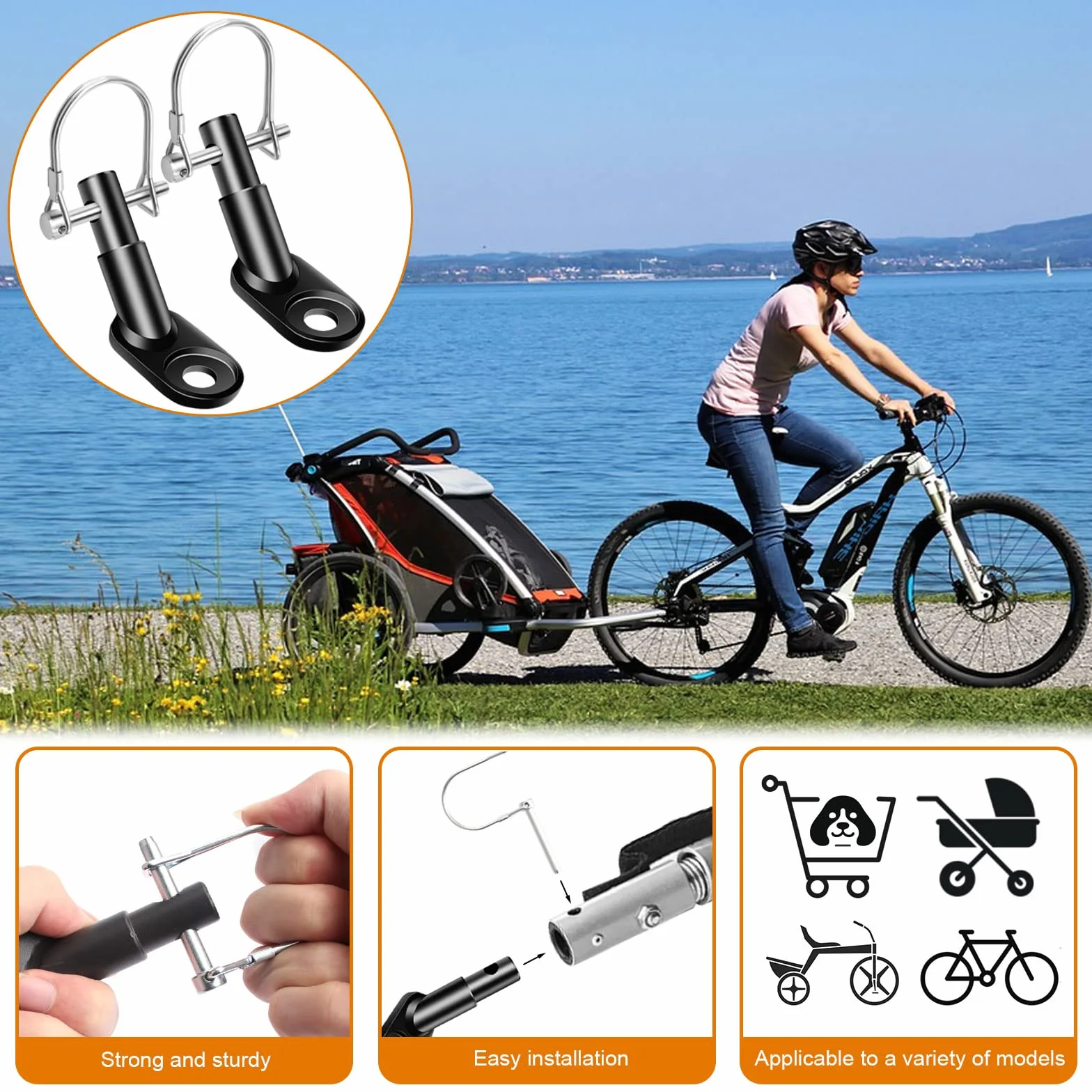 Przyczepa rowerowa, 2 szt. łącznik do przyczepy rowerowej, przyczepa rowerowa z 2 klamrami w kształcie litery U, uniwersalny zaczep do przyczepy rowerowej ze stali nierdzewnej