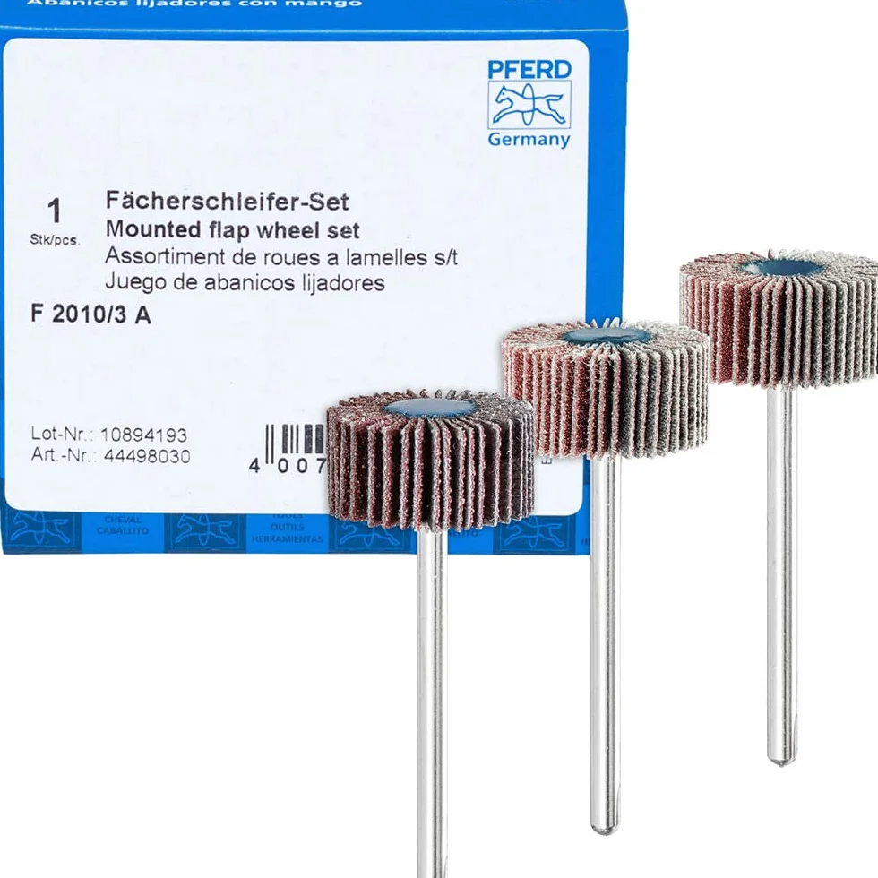 PFERD Zestaw szlifierek wachlarzowych F, 3-częściowy/korund Ø 20 x 10 mm trzpień ø 3 mm A80, 120, 180/44498030 – do szlifowania końcowego i wykończenia za pomocą szlifierki prostej lub napędu wału