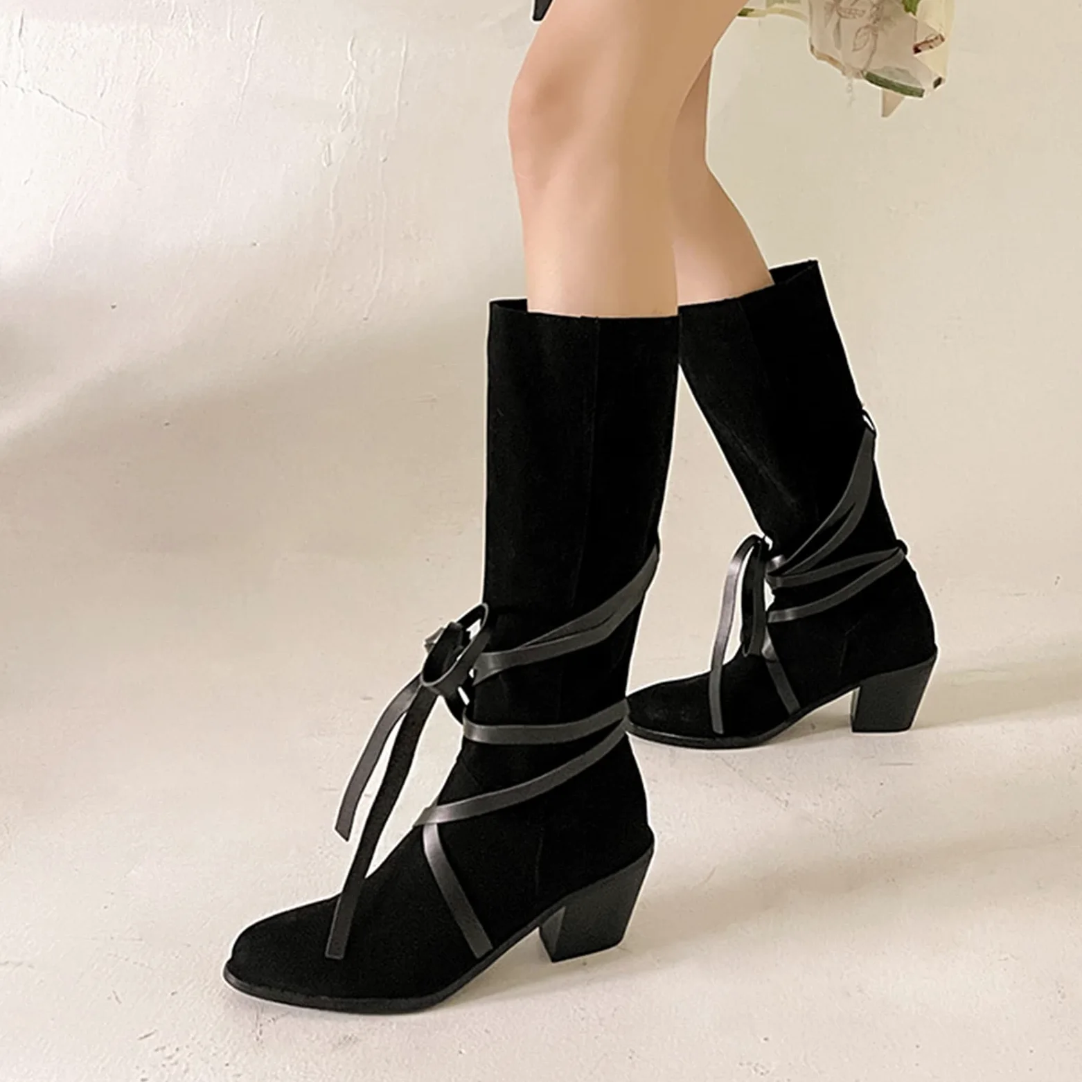 CUTEHEELS Damskie buty w stylu vintage, wsuwane na kolanach, wysokie i średnie łydki, z obcasami blokowymi i spiczastym noskiem, czarny, 42 EU