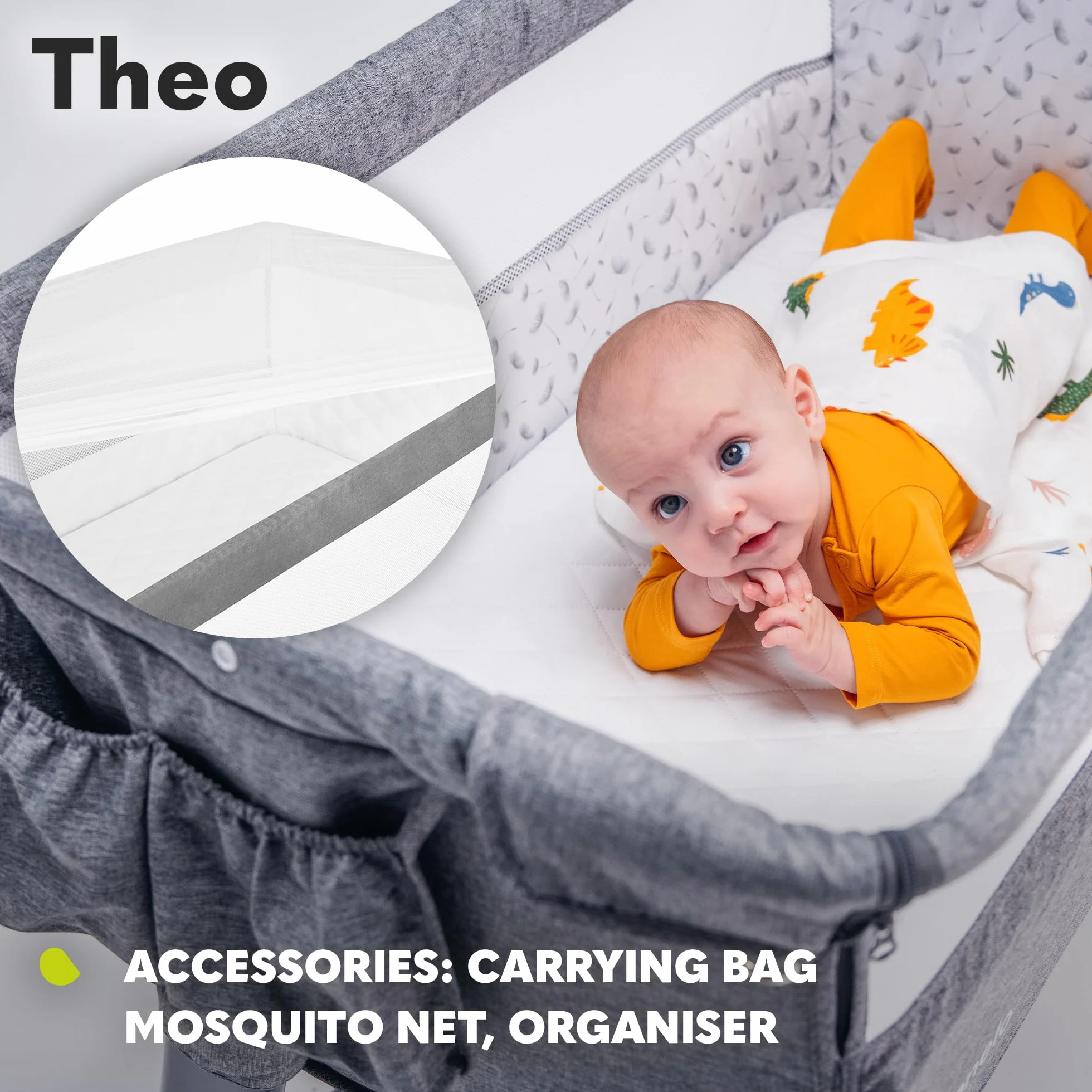 Lionelo Theo 2 W 1 Łóżeczko Dziecięce, Łóżeczko Podróżne, Łóżeczko Dla Niemowlaka Od Urodzenia Do 9 Kg, Regulacja Wysokości Nachylenia, Składana Ściana Boczna, Materac, Moskitiera