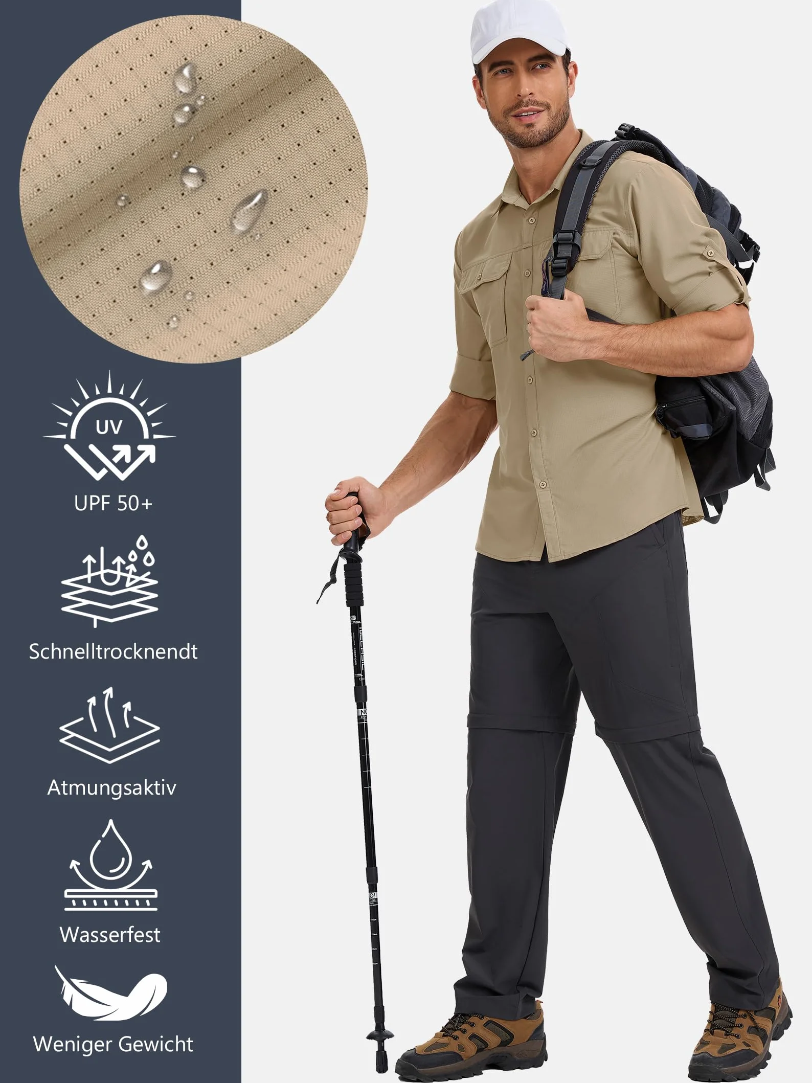 Safari koszula męska, UPF50+, ochrona przed promieniowaniem UV, koszula outdoorowa, męska, koszula funkcyjna, oddychająca, szybkoschnąca, koszula rekreacyjna, zapinana na guziki