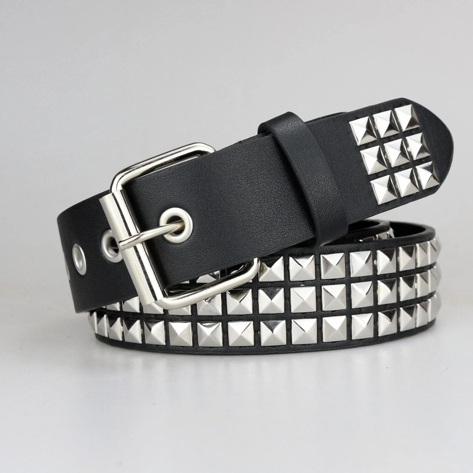 Women's Punk Black Belt, Adjustable PU Leather Waist Belt, Multi-Layered Buckle Design 115cm/45.28 inches, 1-Pack Black, For Party Nightclub Daily Wear Dating Outfits