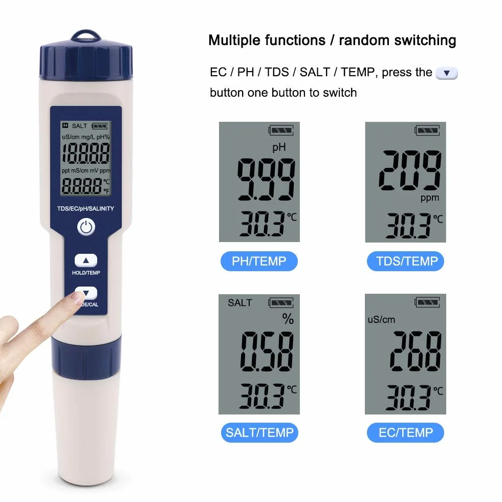 Haofy 5-w-1 tester wody Wielofunkcyjny tester jakości wody, cyfrowy miernik TDS/EC/zasolenia/pH/temperatury wody pitnej, basenu, akwarium, akwarium, hydroponiki