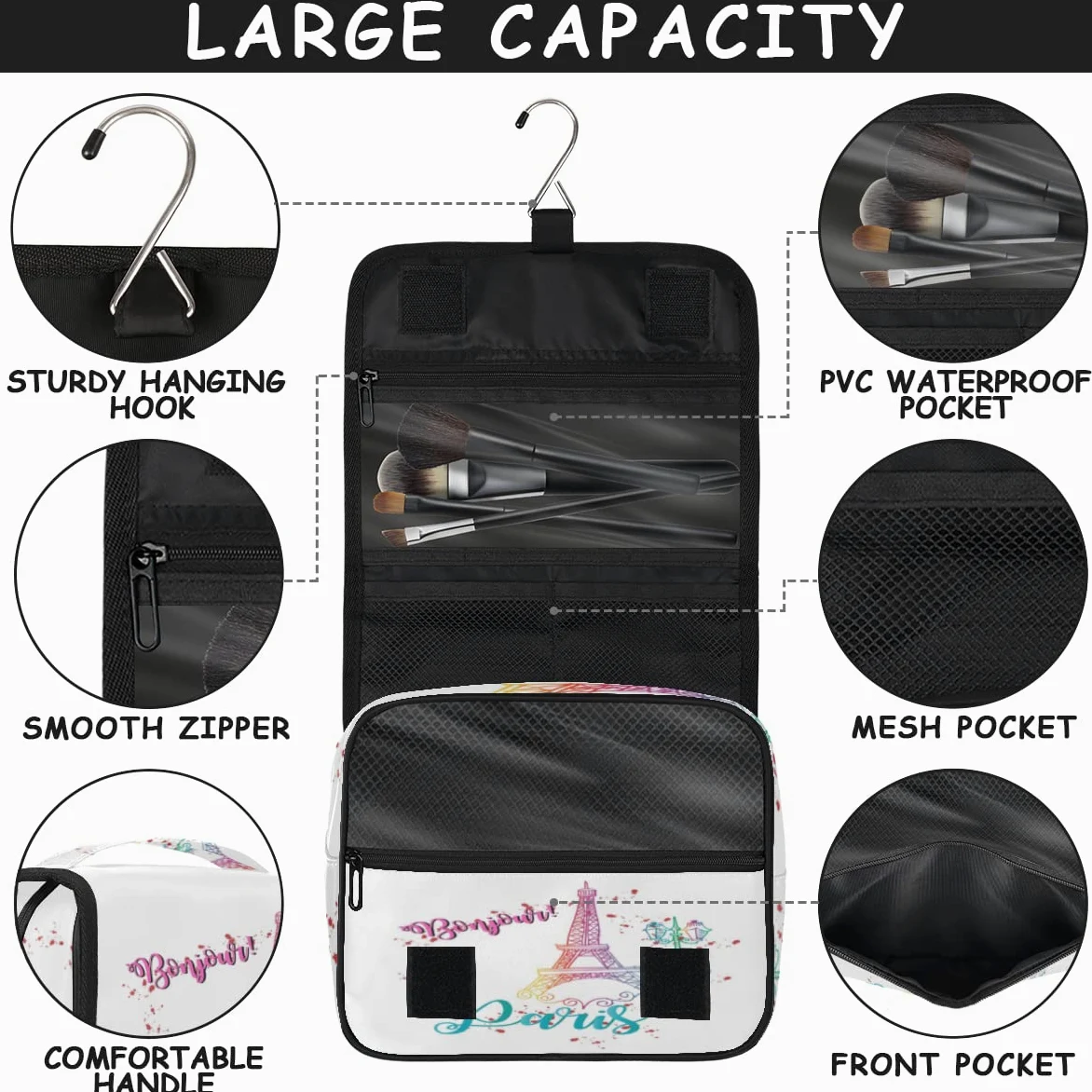 Wieża Eiffla Podróżna kosmetyczka Wieża Eiffla Mycie Torba Unisex Wiszące przybory toaletowe Kosmetyczka Organizer do makijażu, wielobarwny, Jeden rozmiar