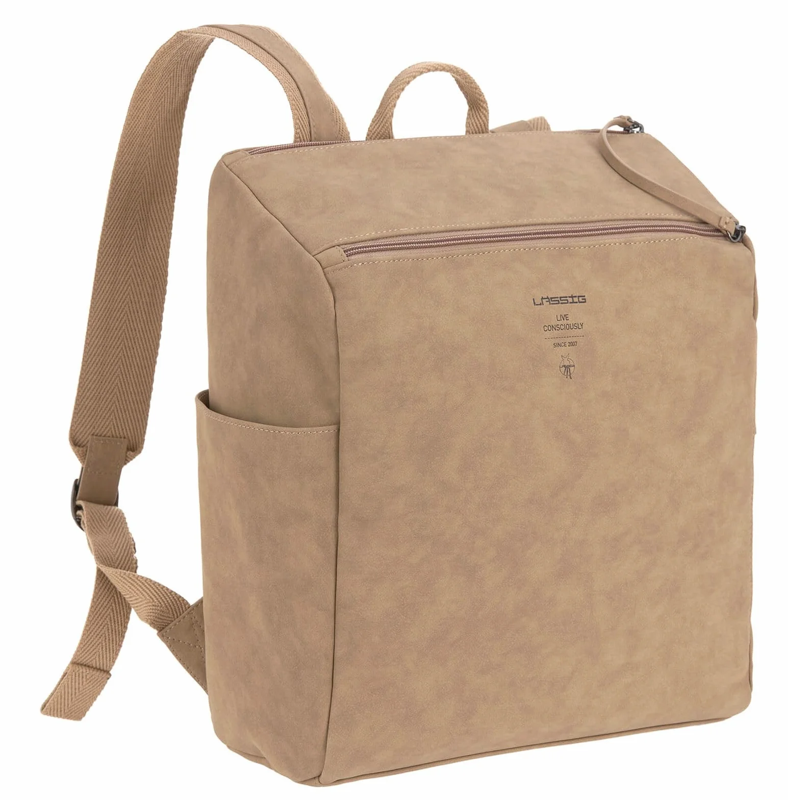 LÄSSIG Plecak do przewijania dla niemowląt, torba do przewijania ze skóry wegańskiej/Tender Backpack Camel, 1 sztuka (1 opakowanie)