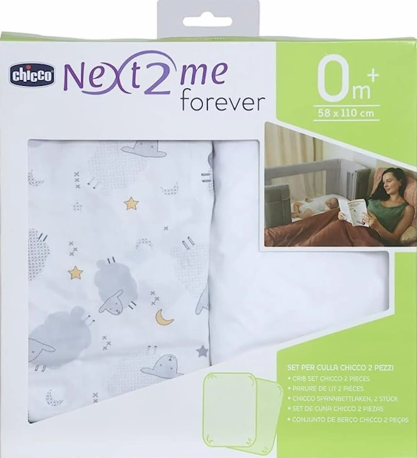 Chicco Kompatybilny zestaw pościeli Chicco Next2Me Forever, 2 szt., 58 x 110 cm, bawełna, 2 arkusze mini z elastycznymi krawędziami, akcesoria materac noworodka +0 miesięcy, biały i szary