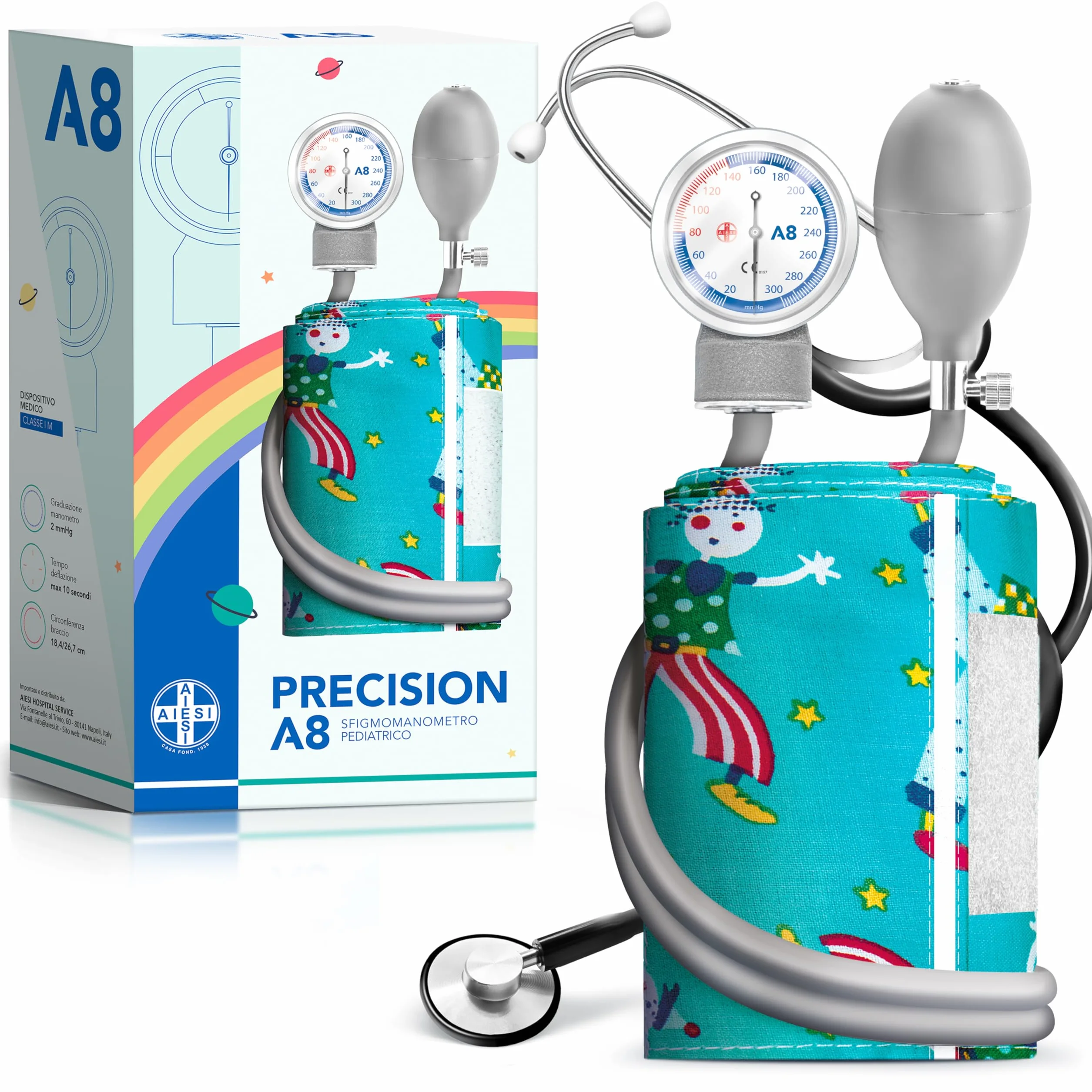 AIESI® Ciśnieniomierz Pediatryczny profesjonalny aneroid klasyczny model z płaskim stetoskopem dla dzieci PRECISION A8, 24 miesiące Gwarancji